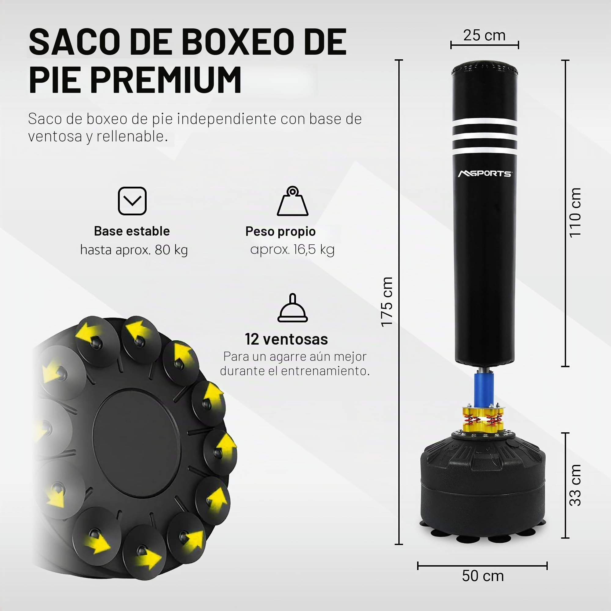 MSPORTS Saco de boxeo premium de pie con base, saco de boxeo para casa y fitness, kickboxing, artes marciales mixtas y entrenamiento de fuerza, soporte resistente y material duradero