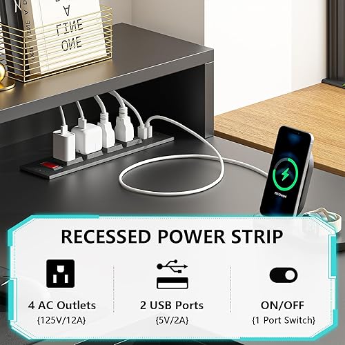 Miniatura 5 de Escritorio rústico en forma de L de 63 pulgadas con cajones y estante de almacenamiento, escritorio esquinero para computadora con tomas de