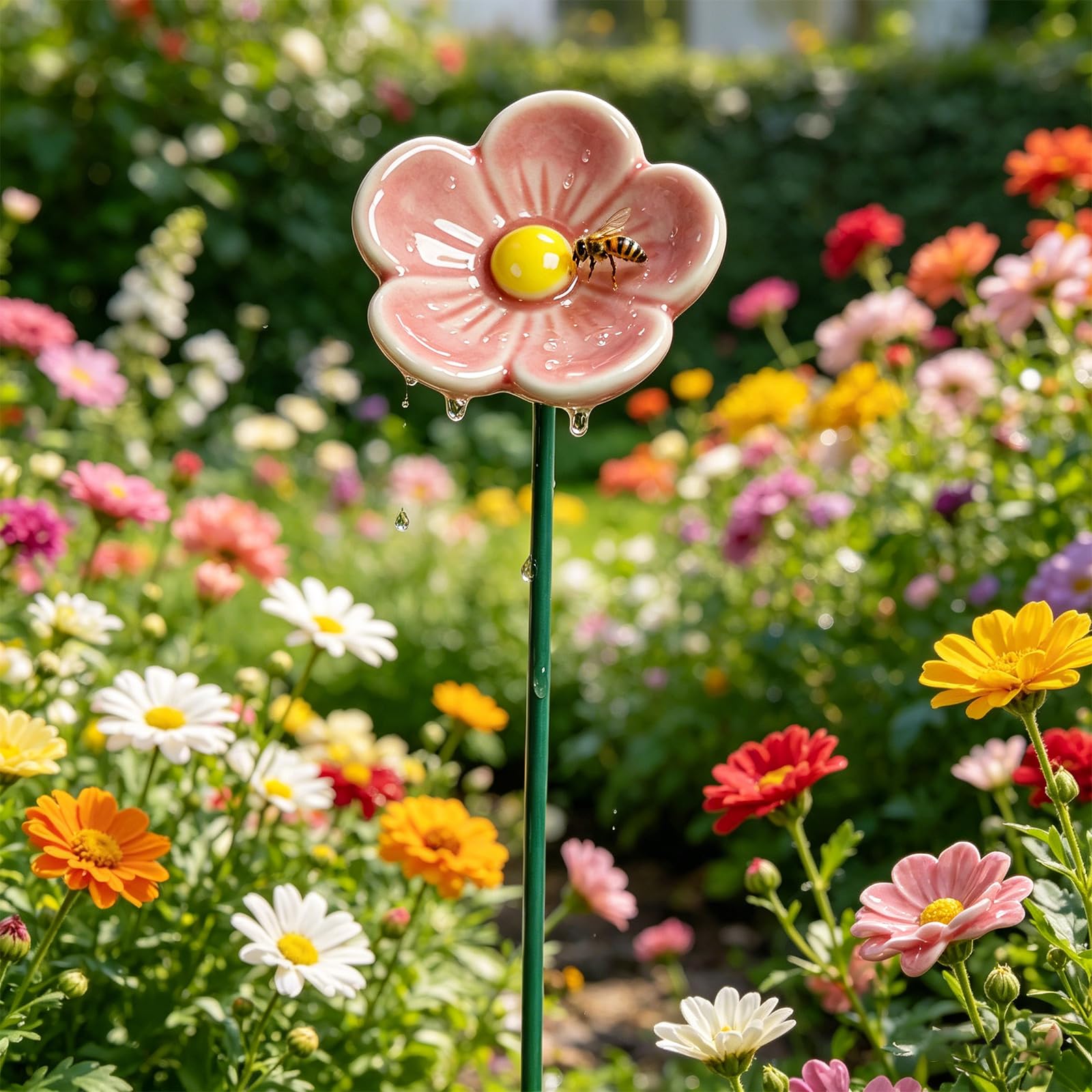 11 inch Ceramic Bee Cups for Garden, Flower-Shaped Bee Watering Station, Butterfly & Pollinators Water Feeder, No Tool Required, Outdoor Bees Bath Bowl Gardens Stakes for Lawn Yard Patio-Pink
