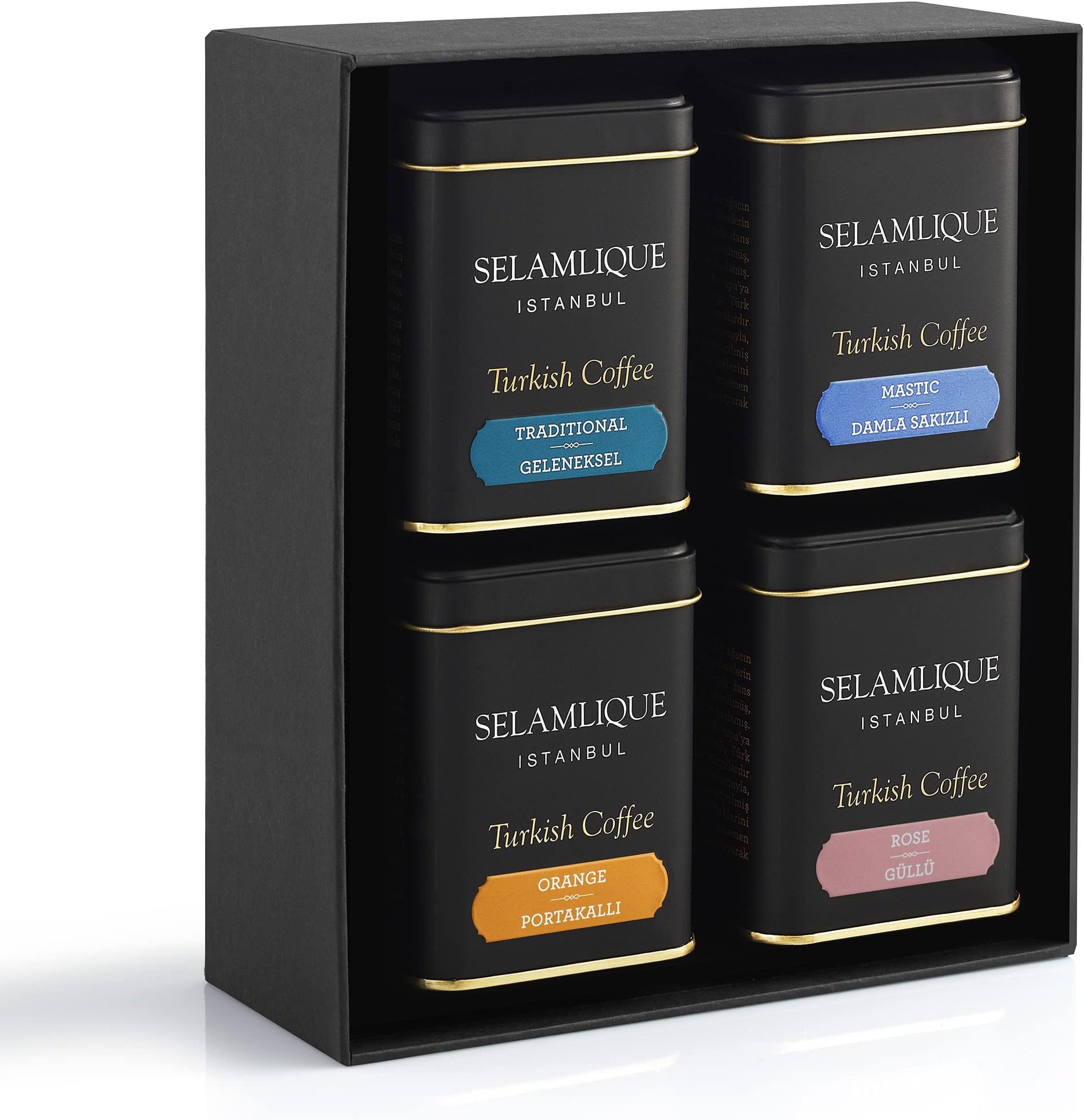 SELAMLIQUE ISTANBUL Selamlique Turkish Coffee Istanbul 4 Boxes of Turkish Coffee Taste Selection in Gift Box (Traditional, Mastic, Orange, Rose)