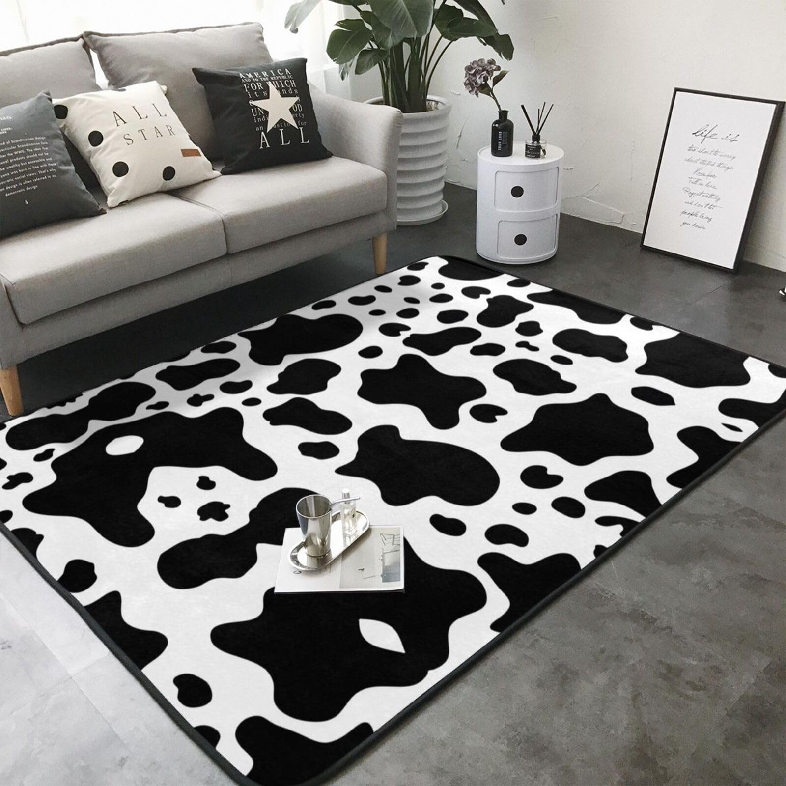 Tappeto in finta pelliccia con stampa di mucche bianche e nere, 203,2 x 147,3 cm, accogliente coperta antiscivolo per soggiorno, camera da letto e altro ancora