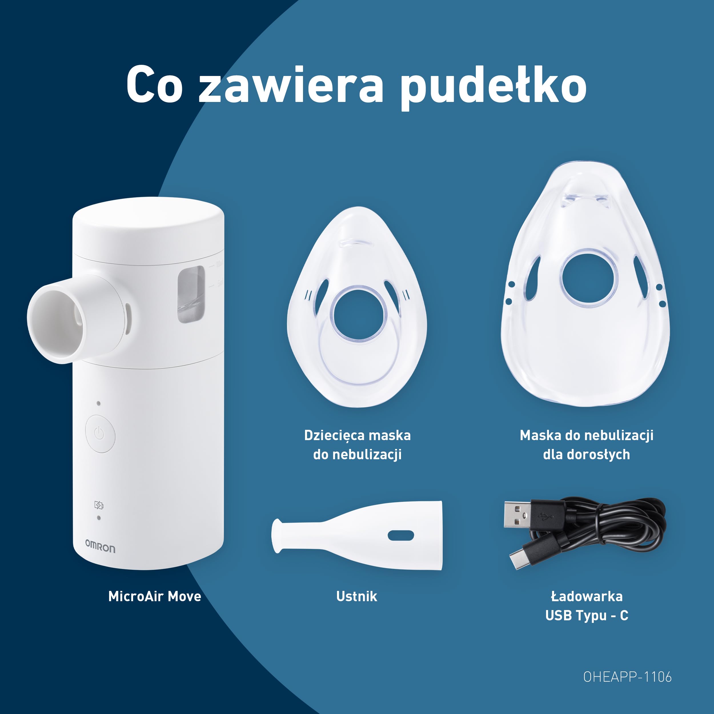 OMRON MicroAir Move Cichy Przenośny Nebulizator Inhalator Siateczkowy dla Dorosłych i Dzieci z Maskami i Ustnikiem Ładowany USB-C
