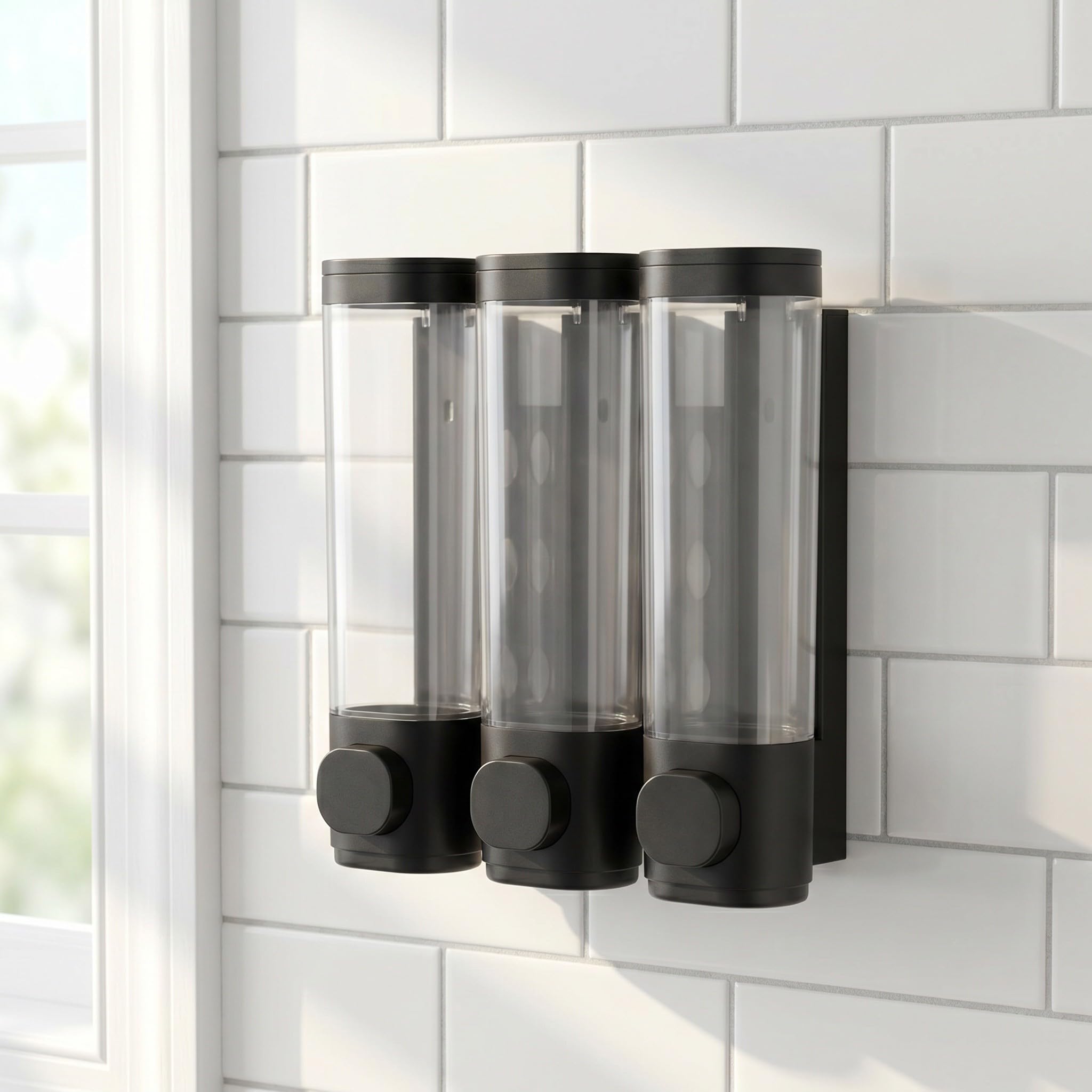 INOOMP 2 dispenser di sapone da doccia a parete: dispenser di shampoo e balsamo ricaricabile a 3 scomparti di grande capacità per casa, hotel, bagno, con pulsante.
