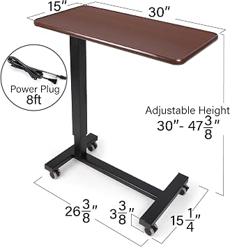 Vaunn Medical Electric Overbed Table Bedside Height Adjustable Table with Wheels (Electric-Powered, Hospital and Home Use) - Brown (Organic Modern)