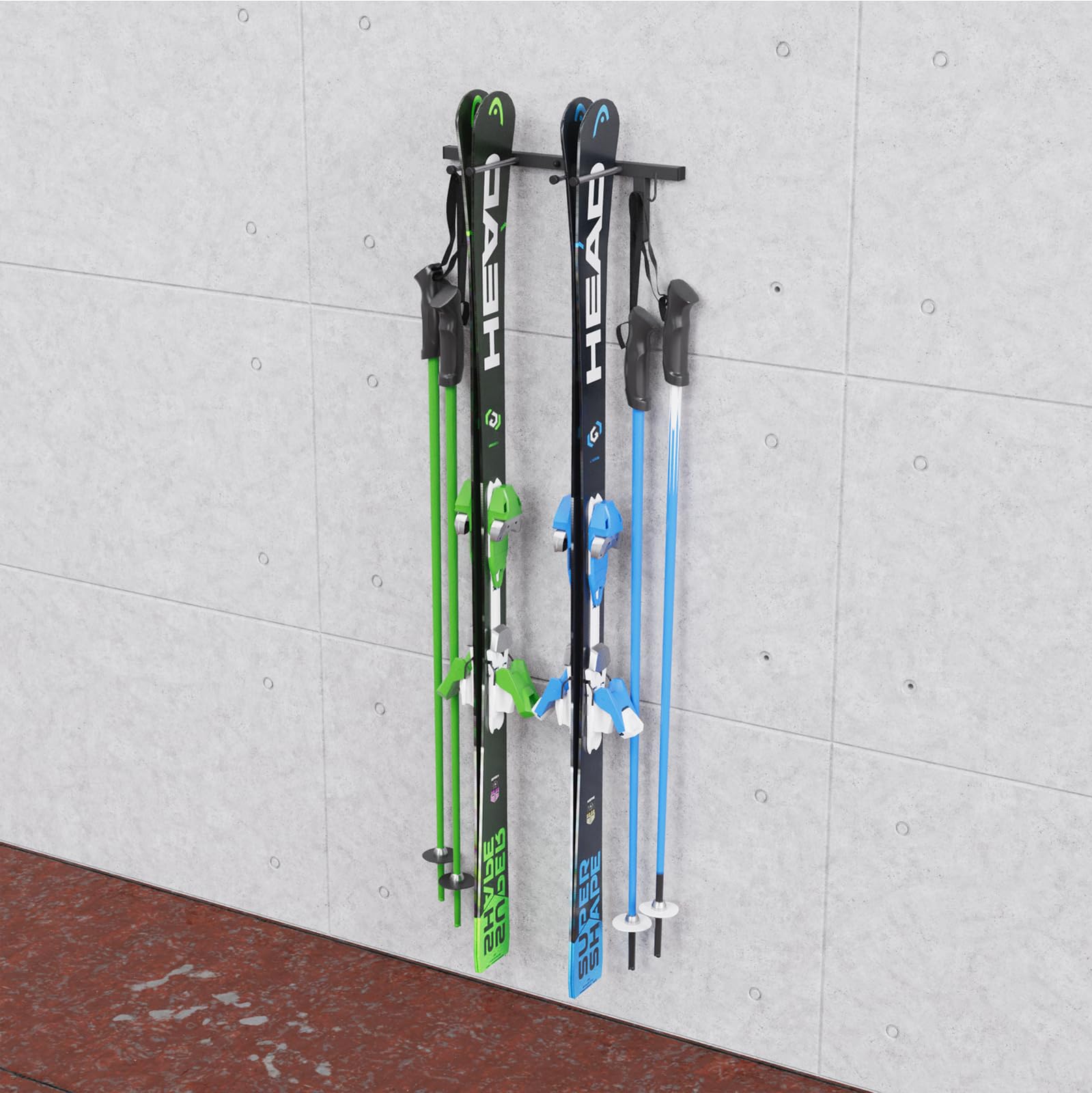 QLS Skihalterung Wand Skihalter für 2 Paare 44 cm Nordic Walking Trekking Stöcke Skiträger Hakenleiste mit schützender Gummierung zur platzsparenden Aufbewahrung S3 2