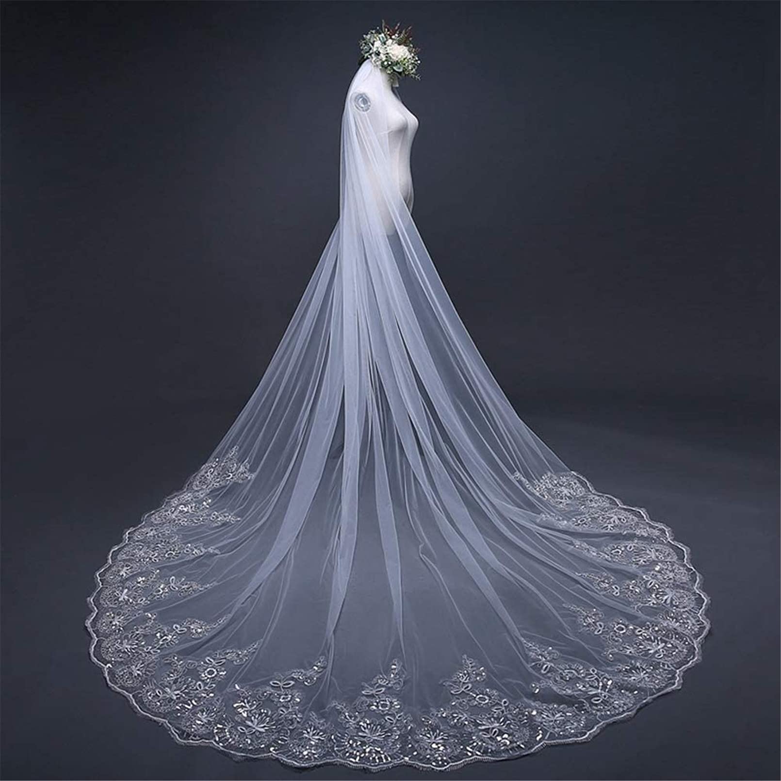 Großer 3/4/5M Schleppender Langer Hochzeitsschleier mit Kamm, Kathedrale Elegante 2-Stufige Brautschleier mit Spitze Pailletten Rand Weicher Tüll Brautkleid Zubehör für Damen