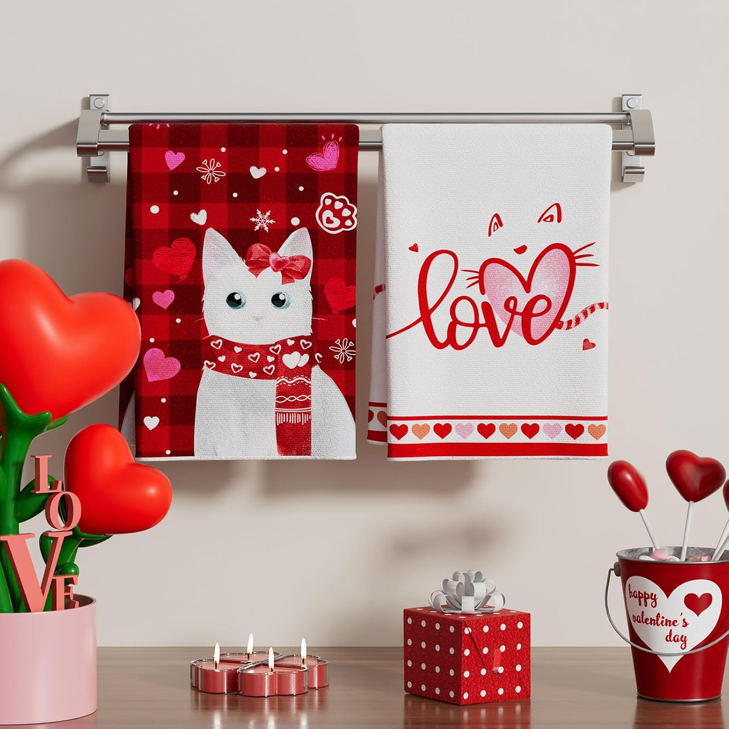 XCHI Love Hearts Watercolor Cats Valentine's Day Kitchen Towels Dish Towels 18x26 Inch Home Kitchen Decorations Hand Towels Set of 4 Drying Dishcloth - Image 2