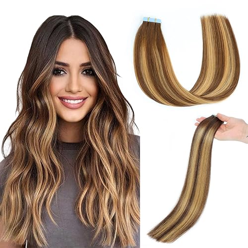 Evala Extensiones de cabello humano Remy con cinta adhesiva, color marrón chocolate a rubio oscuro #T4P274, 20 unidades, 1.41 onzas, extensiones de