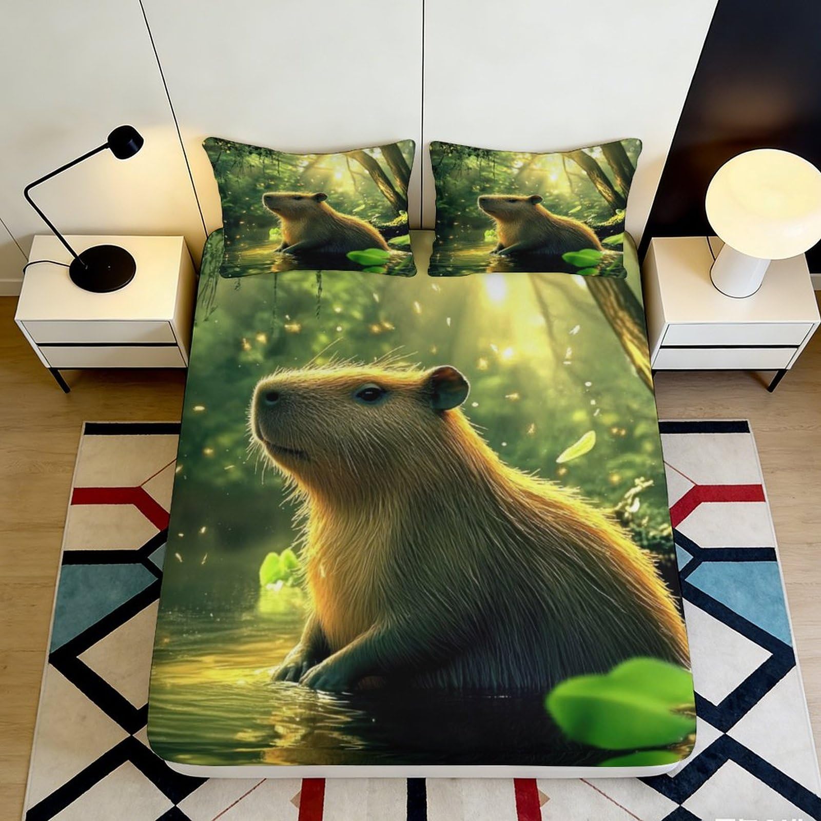 3D Printed Capybara Animal Fitted Sheet Microfiber Soft Breathable Forest Bed Cover for Bedroom Dormitory Guest Room Mattress Protection Decor 160x200x25cm