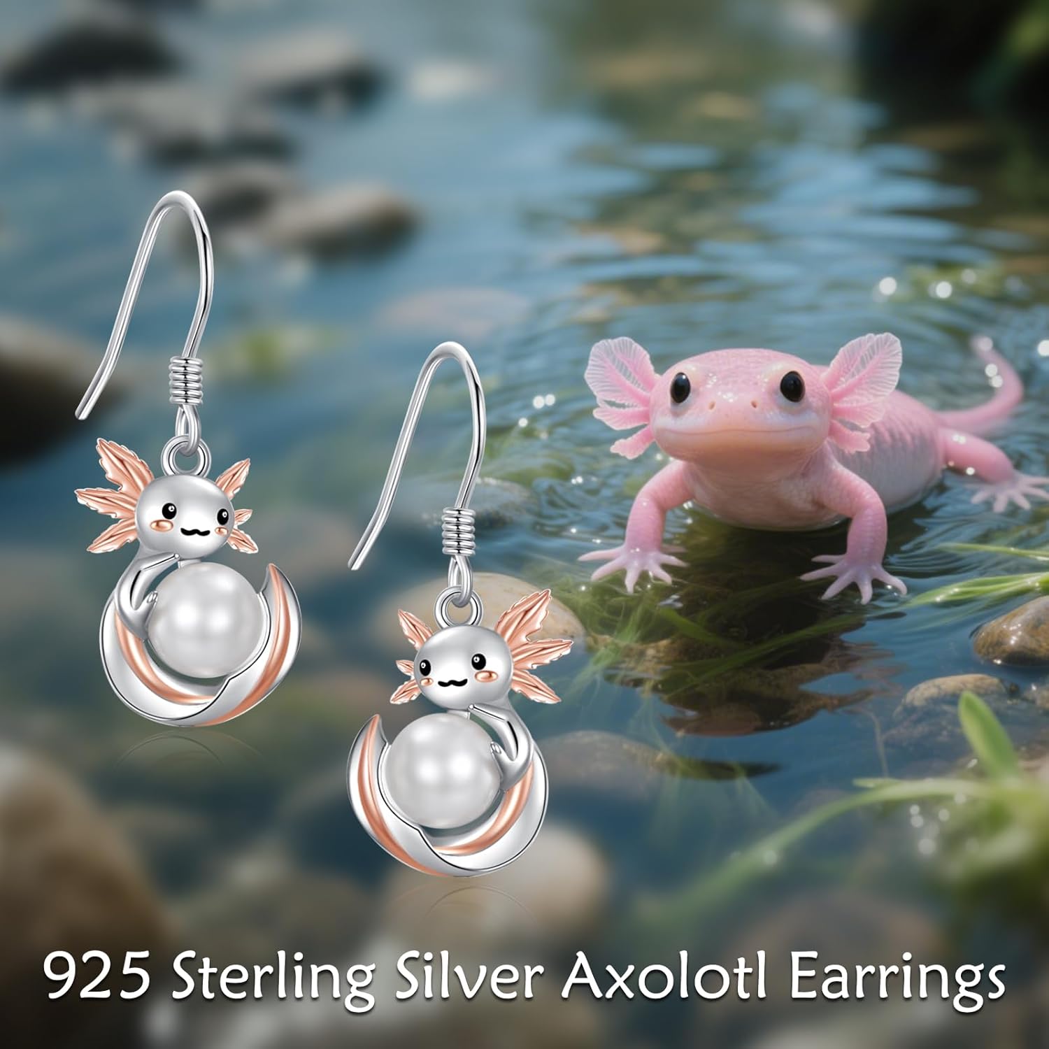 Axolotl Pearl Dangle Earrings for Women Sterling Silver Salamander Pearl Dangle Drop Earrings Cute Animal Mexican Jewelry Christmas Gifts for Women - Image 6