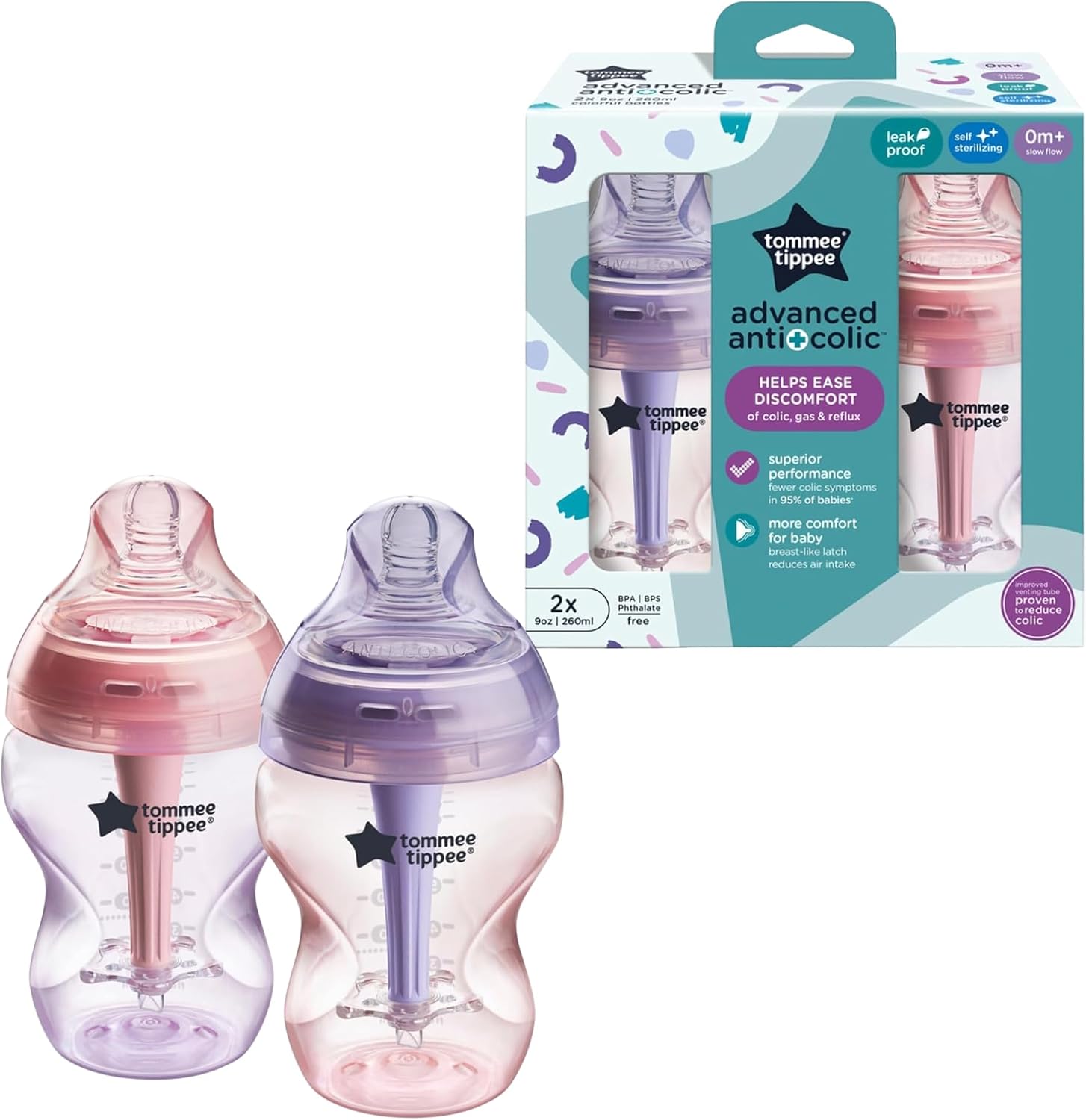 Tommee Tippee Advanced Anti-Colic Baby Bottles, Newborn 0m+, 9oz/260ml