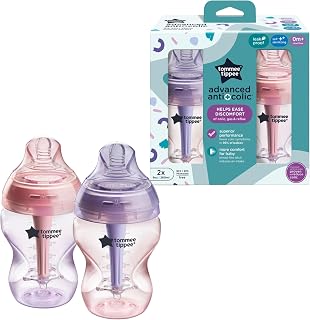Tommee Tippee Advanced Anti-Colic Baby Bottles, Newborn 0m+, 9oz | Pack of 2, Slow Flow Breast-Like Nipple, Unique Design Keeps Air Away from Milk, Pink & Purple, BPA Free