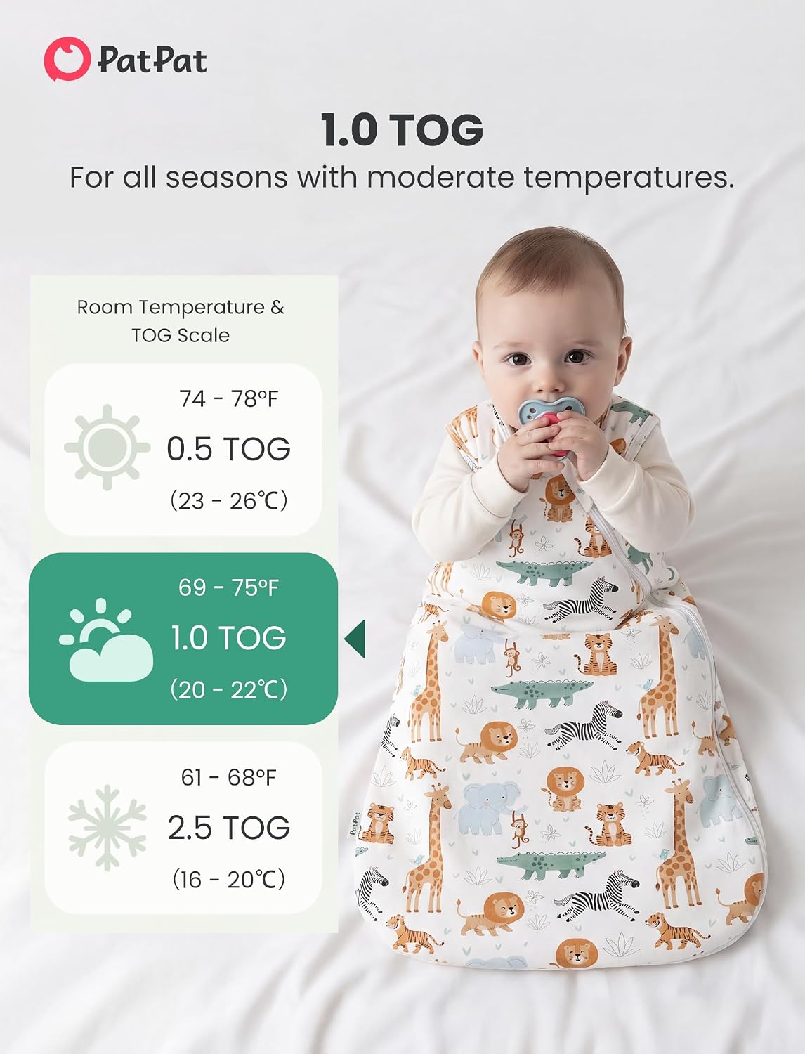PATPAT Bamboo Viscose Baby Wearable Blanket (Sleep Sack Style), 0.5 TOG/1.0 TOG, Breathable & Soft, 2-Way Zipper, 0-24 Months
