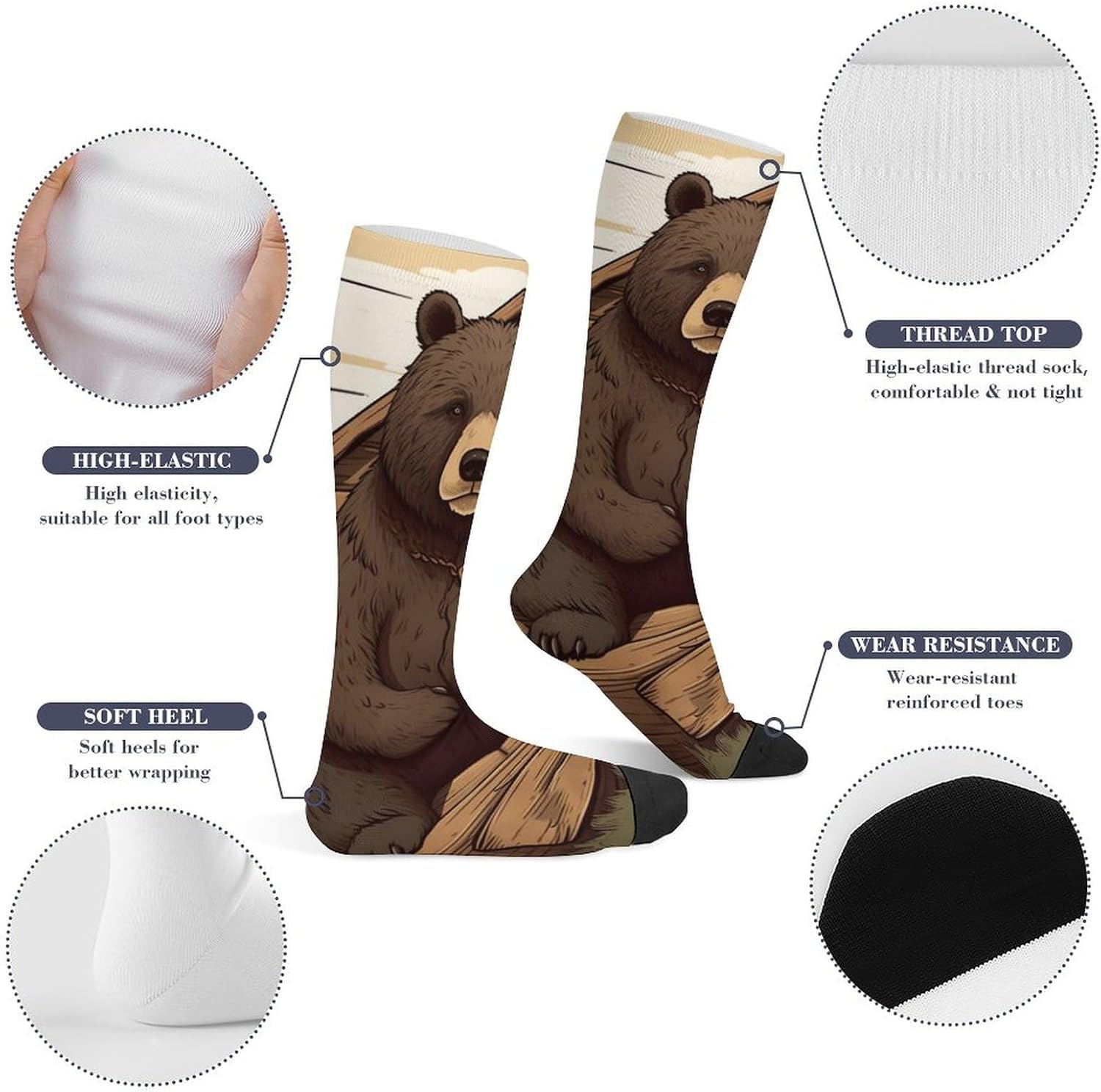 Knee High Socks Rustic Lodge Bear Long Tube Boot Seamless Toe