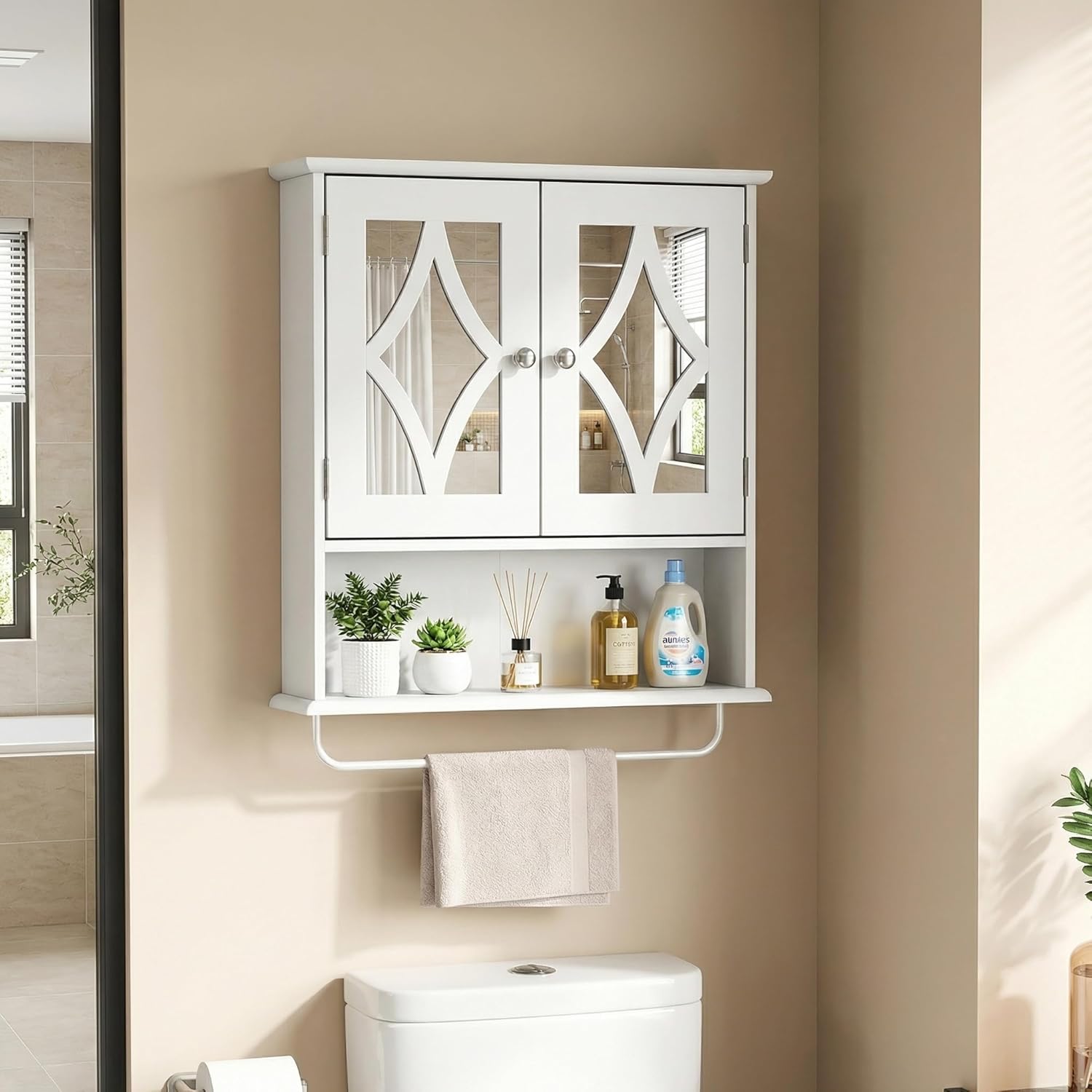 RoyalCraft Bathroom Wall Cabinet with Mirror, Over the Toilet Storage Cabinet with Towel Rack and Adjustable Shelf, Large Bathroom Medicine Cabinet Wall Mount 22x25 inch (White)