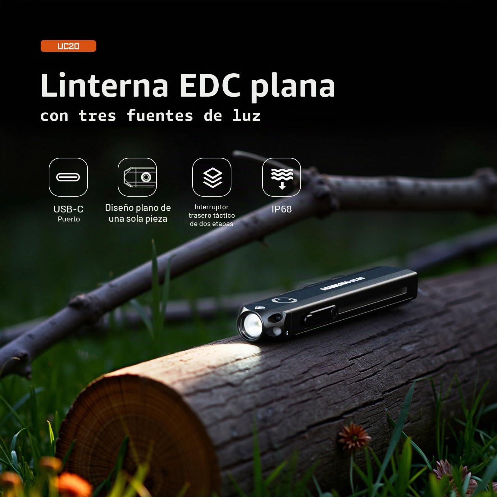 ACEBEAM UC20 Linterna EDC Recargable de Forma Plana con Luz Roja, UV y LED Blanco, 1000 Lúmenes, Linterna Compacta de Bolsillo, Luz Súper Brillante para Emergencias, Camping y Hogar | Linterna de bolsillo pequeña de 1000 lúmenes altos, luz de flash súper