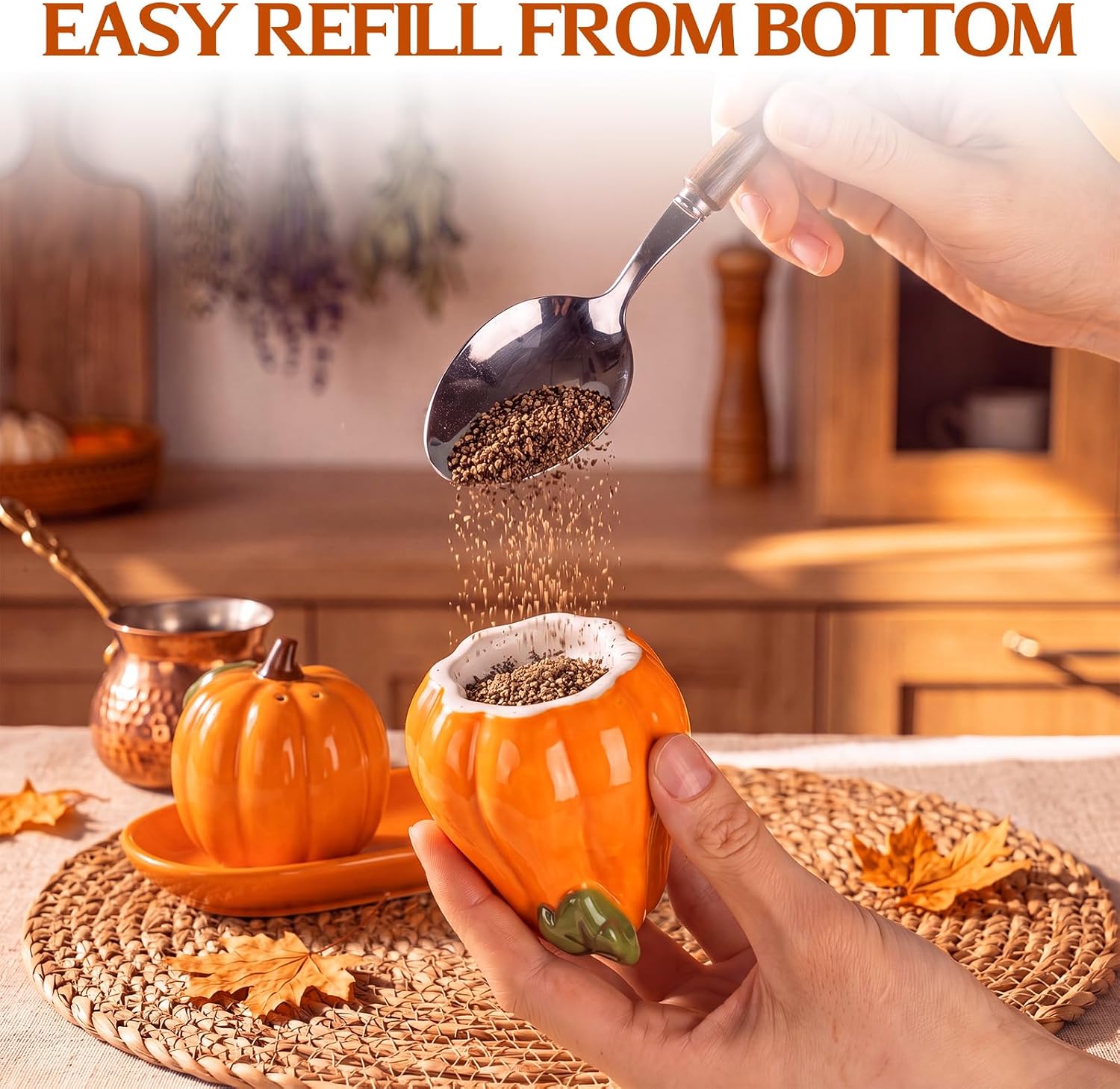 Havawish Set of 3 Fall Pumpkin Salt and Pepper Shakers with Tray Ceramic image 3