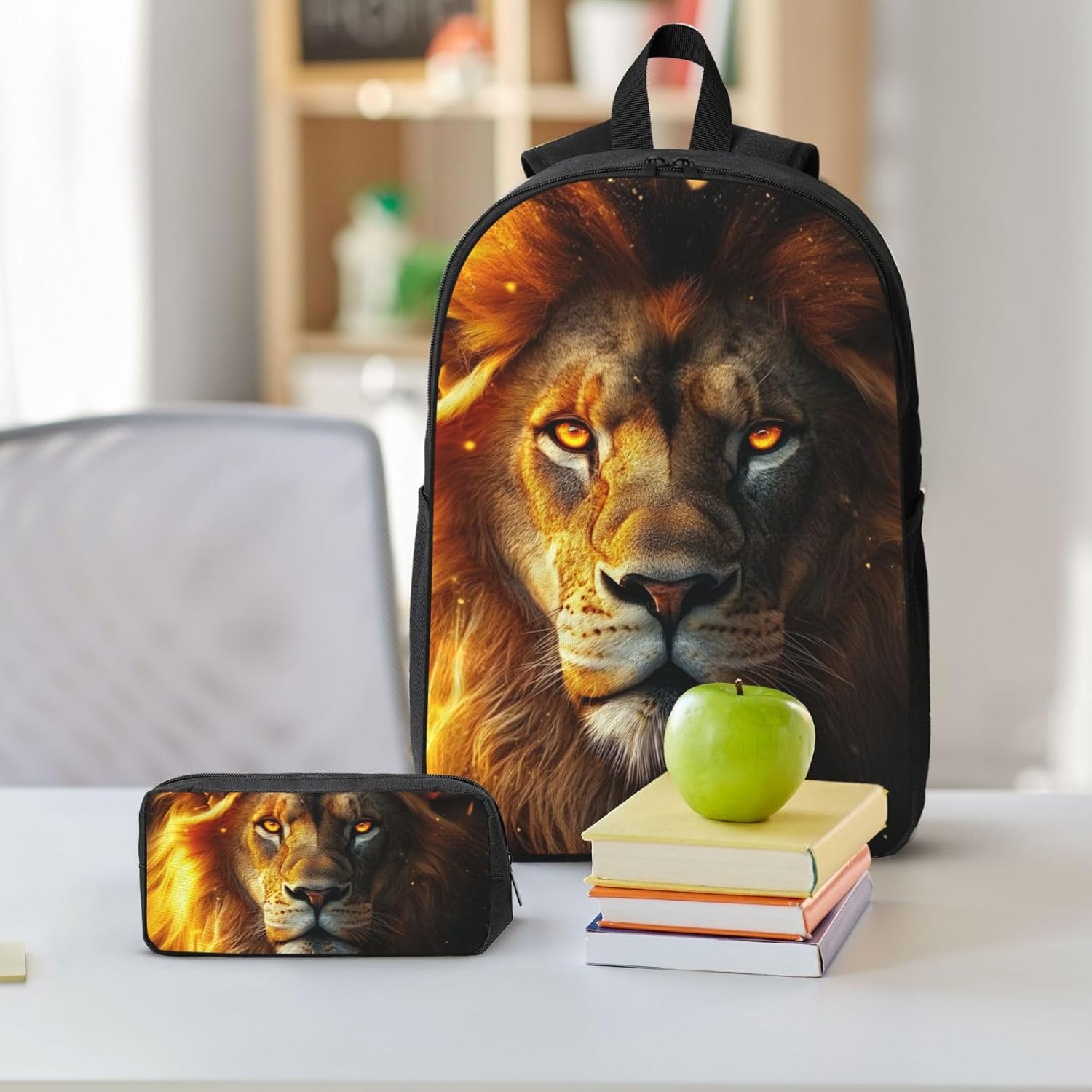 Lion Kid Backpack Set with Lunch Bag & Pencil Case Large Capacity School Bag 17 Inch Bookbag for Boy Girl