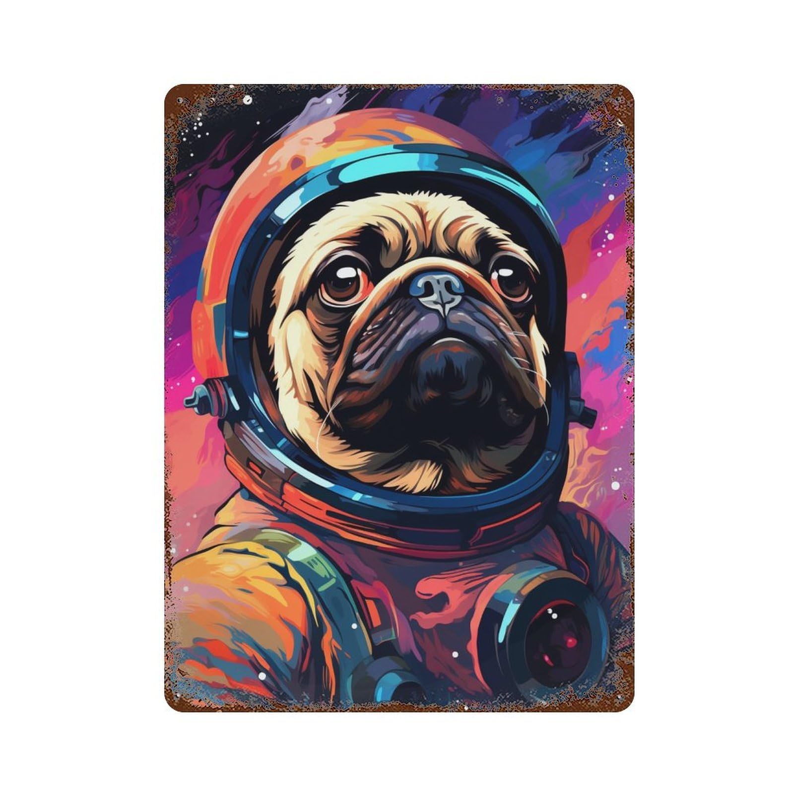 Space Pug Adventure Rust Effect Tin Sign 15.7"x11.8", Vintage Wall Decor for Pub, Kitchen And Man Cave Decor