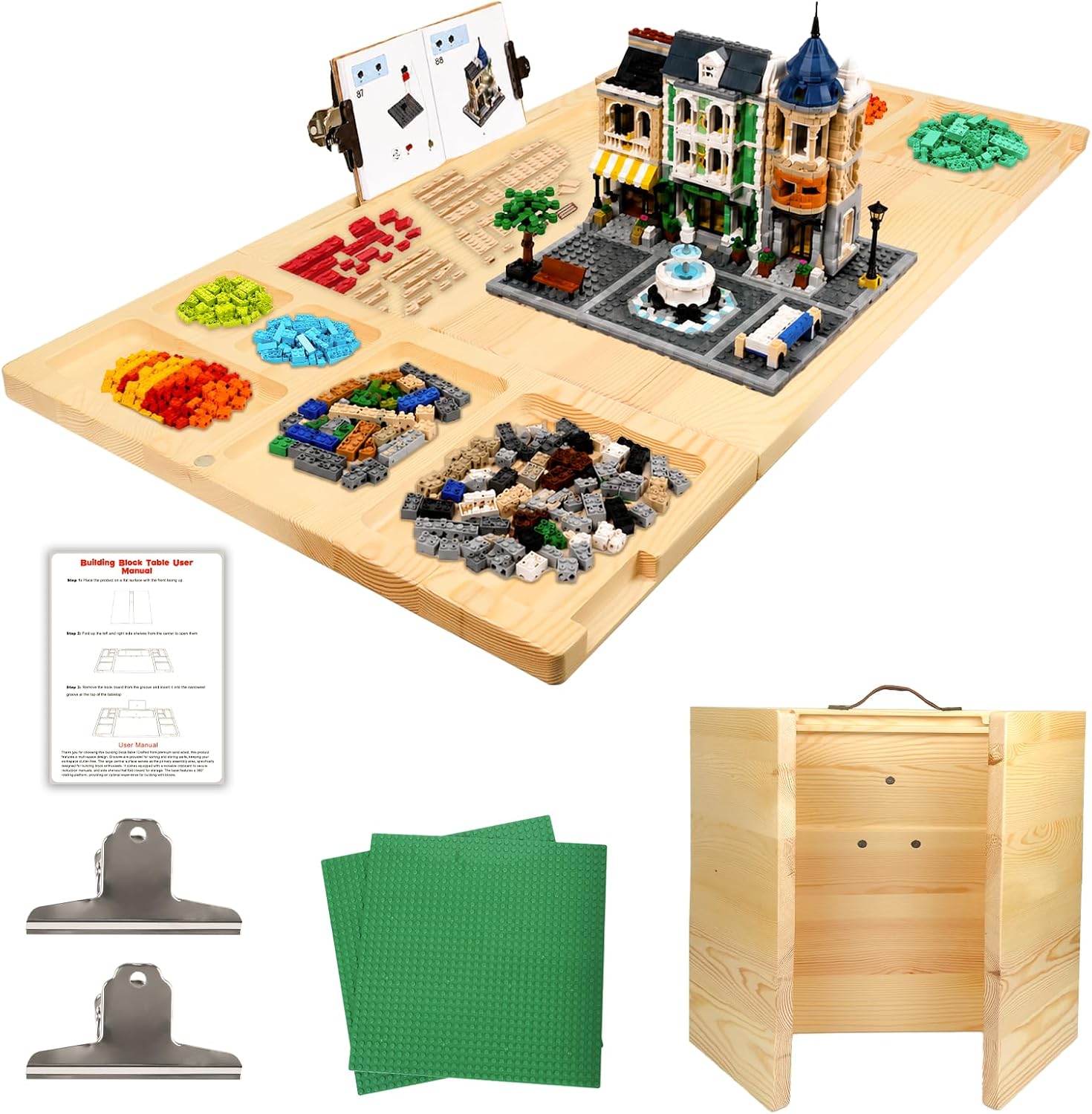 Building Baseplate Table with Storage Trays, Building Tray Board for Adults, Multi-Purpose Sensory Table with 360 Rotating, Includes 2 Building Brick Base Plates, Foldable for Easy Storage