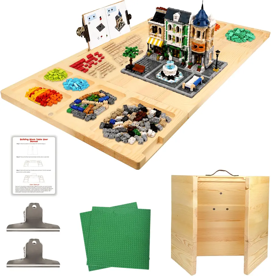 Building Baseplate Table with Storage Trays, Building Tray Board for Adults, Multi-Purpose Sensory Table with 360 Rotating, Includes 2 Building Brick Base Plates, Foldable for Easy Storage