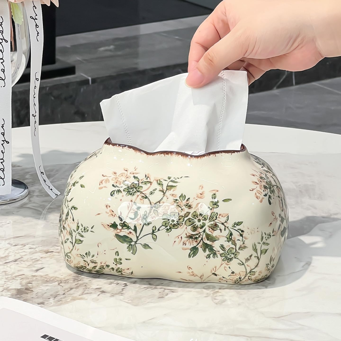 Ceramic Tissue Box Holder, Floral Pattern, Cream with Brown Rim, Rectangular Shape, 7.1x5.5x3.9 Inches