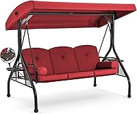 HOMREST 3-Seat Outdoor Porch Swing Bed with Stand, Adjustable Canopy, Upgraded Cup Holders & Thick Cushions - Wine Red