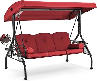 HOMREST 3-Seat Outdoor Porch Swing with Adjustable Canopy, Convertible Bed, Stand, Cup Holders & Thick Cushions - Wine Red