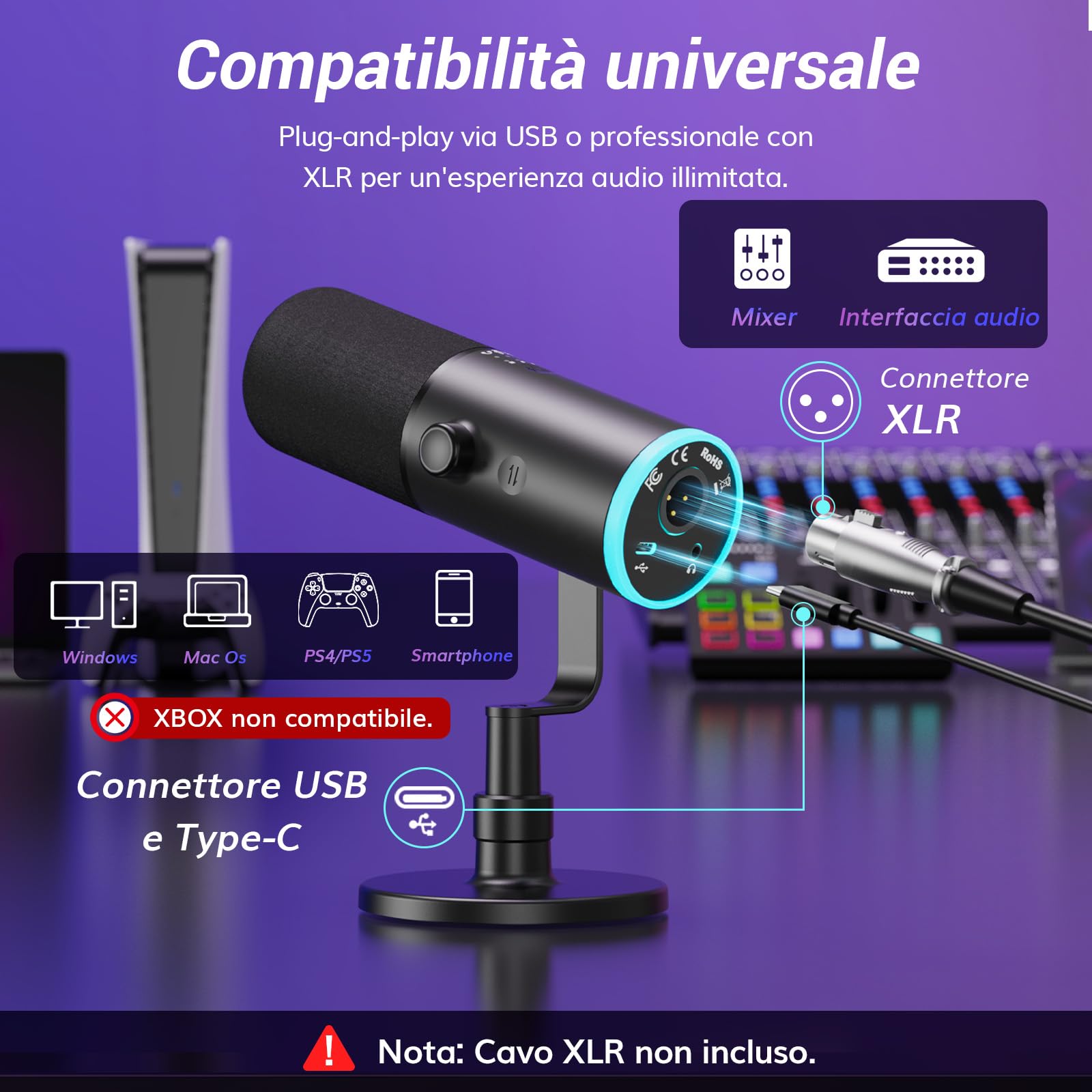 TONOR Microfono Gaming Dinamico per PC, Microfono Cardioide Streaming XLR/USB con supporto da tavolo per Podcasting/Studio, Cancellazione Rumore IA,RGB Controllabile,Jack Cuffie 3,5 mm,Nero,TD510 AIR
