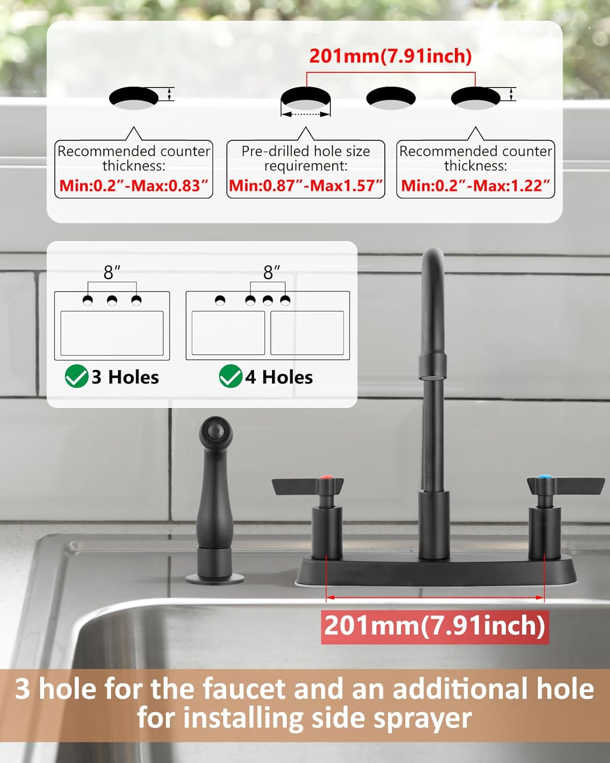 Kitchen Faucet with Sprayer 2 Handle Kitchen Sink Faucets 8 Inch Centerset 3 Hole with Supply Lines Matte Black - Image 9
