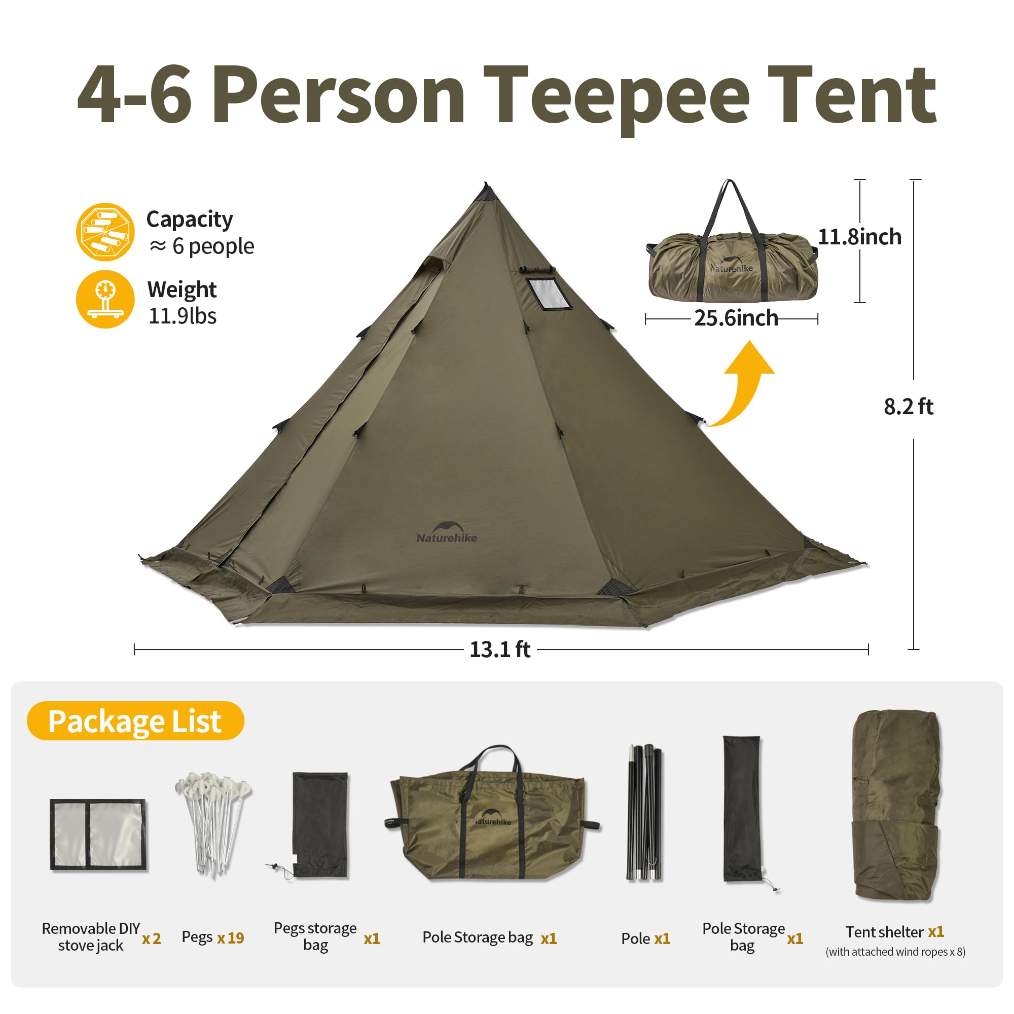 Naturehike Ranch Fire Tente thermique pour 2 à 6 personnes, pyramide, 4 saisons, avec raccord de cuisinière, coupe-vent, imperméable, pour les voyages d'hiver et le chauffage