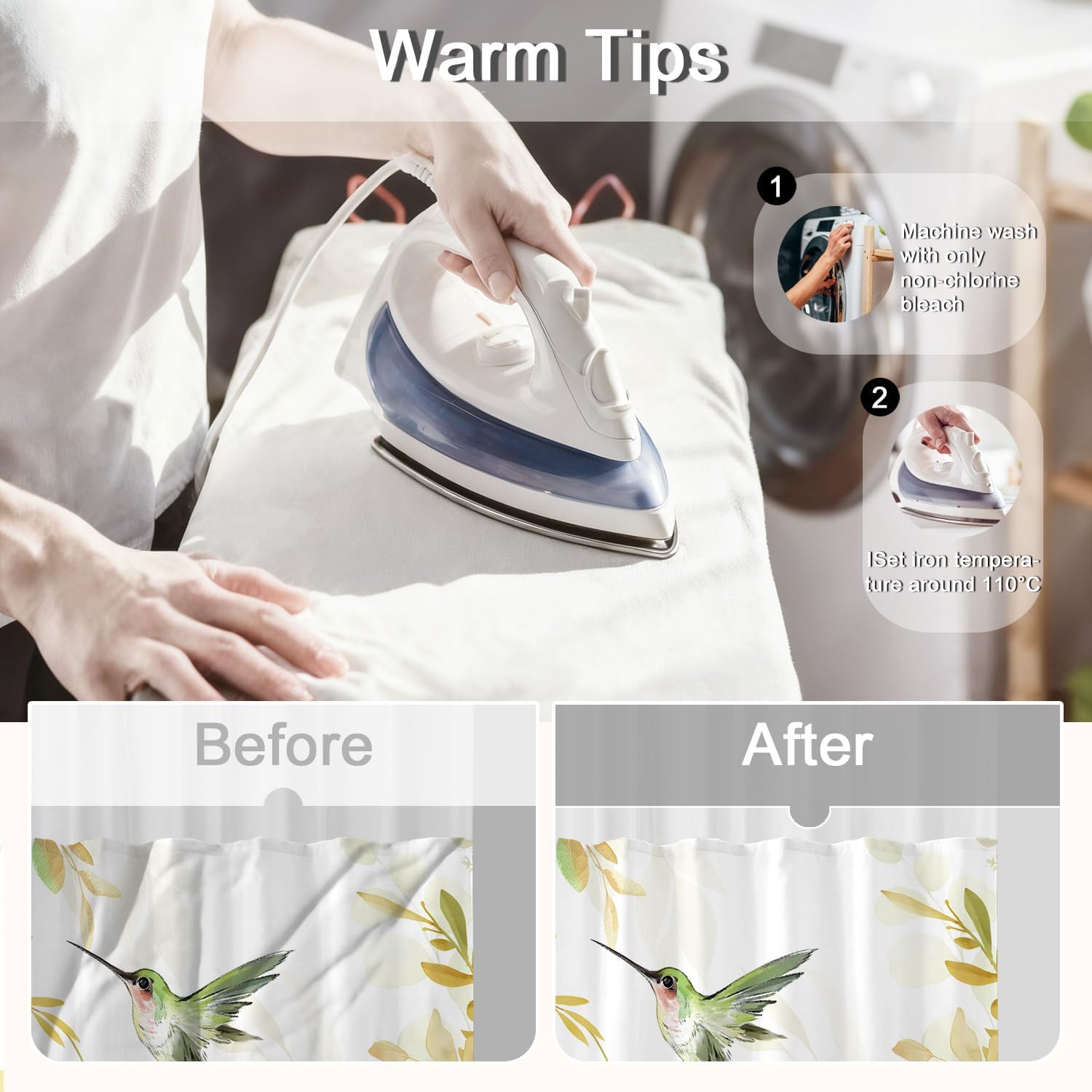 No Hook Shower Curtain with Snap in Liner Set, Yellow Hummingbird Eucalyptus Design, Waterproof Fabric Floral Shower Curtains for Bathroom Decor with See Through Mesh Top Window 71x84 Inch