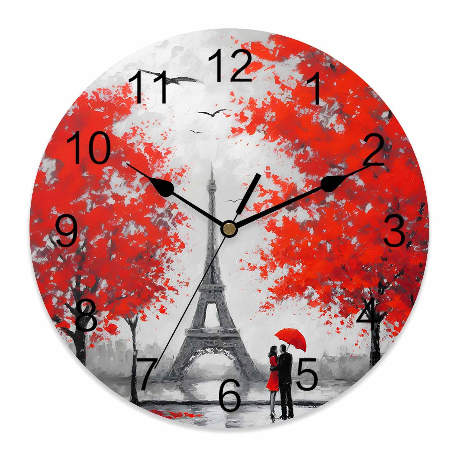 Ensound Valentine's Day Wall Clock Romantic Couple Clocks Wooden Silent Non-Ticking Battery Operated Red Forest Rainy Days Eiffel Tower Round Clock for Home Living Room Kitchen Bedroom 12 Inch