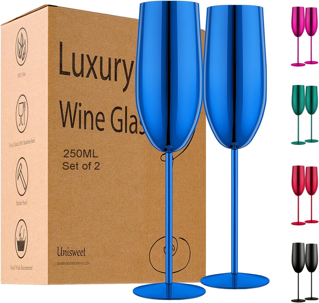 Champagne Glasses Set of 2 Stainless Steel Champagne Flutes Wedding Gifts for Bride 8.5 oz Unbreakable Champagne Glasses for Party Wedding Christmas Anniversary Brithday (Blue)