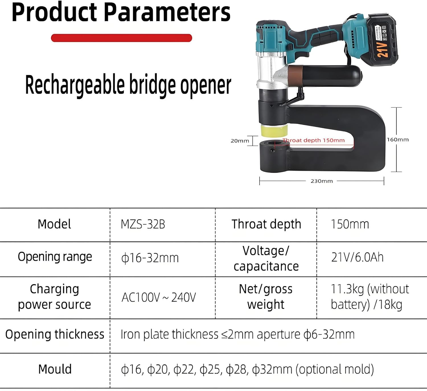 Battery Powered Knockout Punch Kit - 2x 6.0Ah Rechargeable Batteries, 6 Dies (16-32mm), 150mm Throat, for Steel & Electrical Work