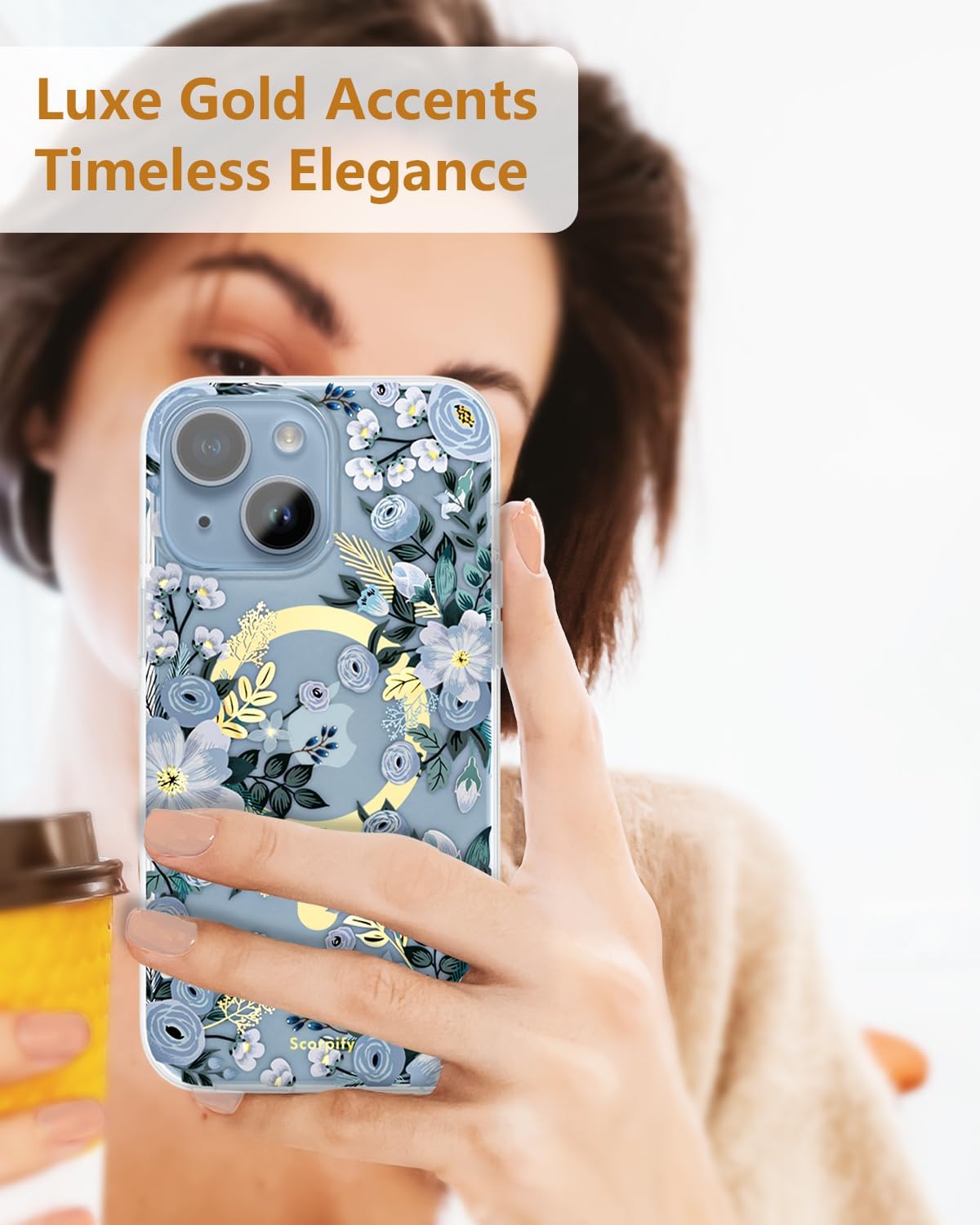 SCORPIFY for iPhone 14 Case [Compatible with MagSafe] with Blue Nemophila Floral Design, Cute Clear Flower Magnetic Phone Cover for Women Girls, [Non Yellowing] Slim Bumper with Gold Accents
