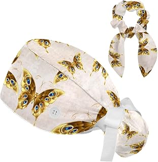 FVQL 2 Pieces Surgical Cap for Long Hair Scrub Cap with Hairband Nurse Cap, Vintage Background and Butterflies