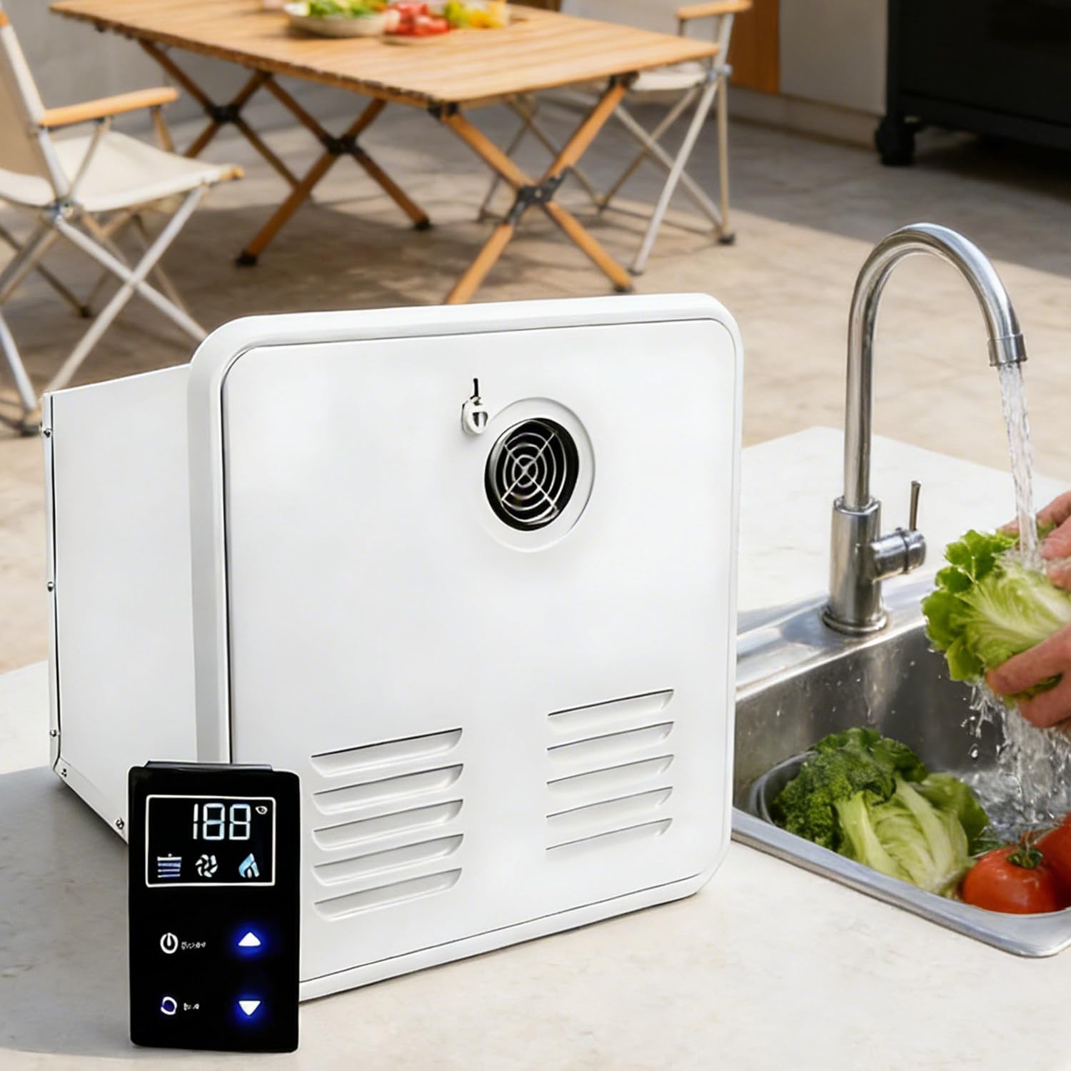 Calentador De Agua Instantáneo a Gas Propano 55,000 Btu, 12 V, con Control Remoto – Compatible con Todos vehículos recreativos y autocaravanas Uso en Camping, Caravana White