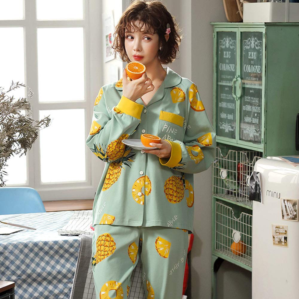 YUHOOE Conjunto De Pijamas De Mujer,Conjunto De Pijama De Manga Larga Algodón Estampado De Piña Lindo Botones Ropa De Dormir Tops & Bottom Pjs Set Nightwear Loungewear For All Seasons, Verde, M