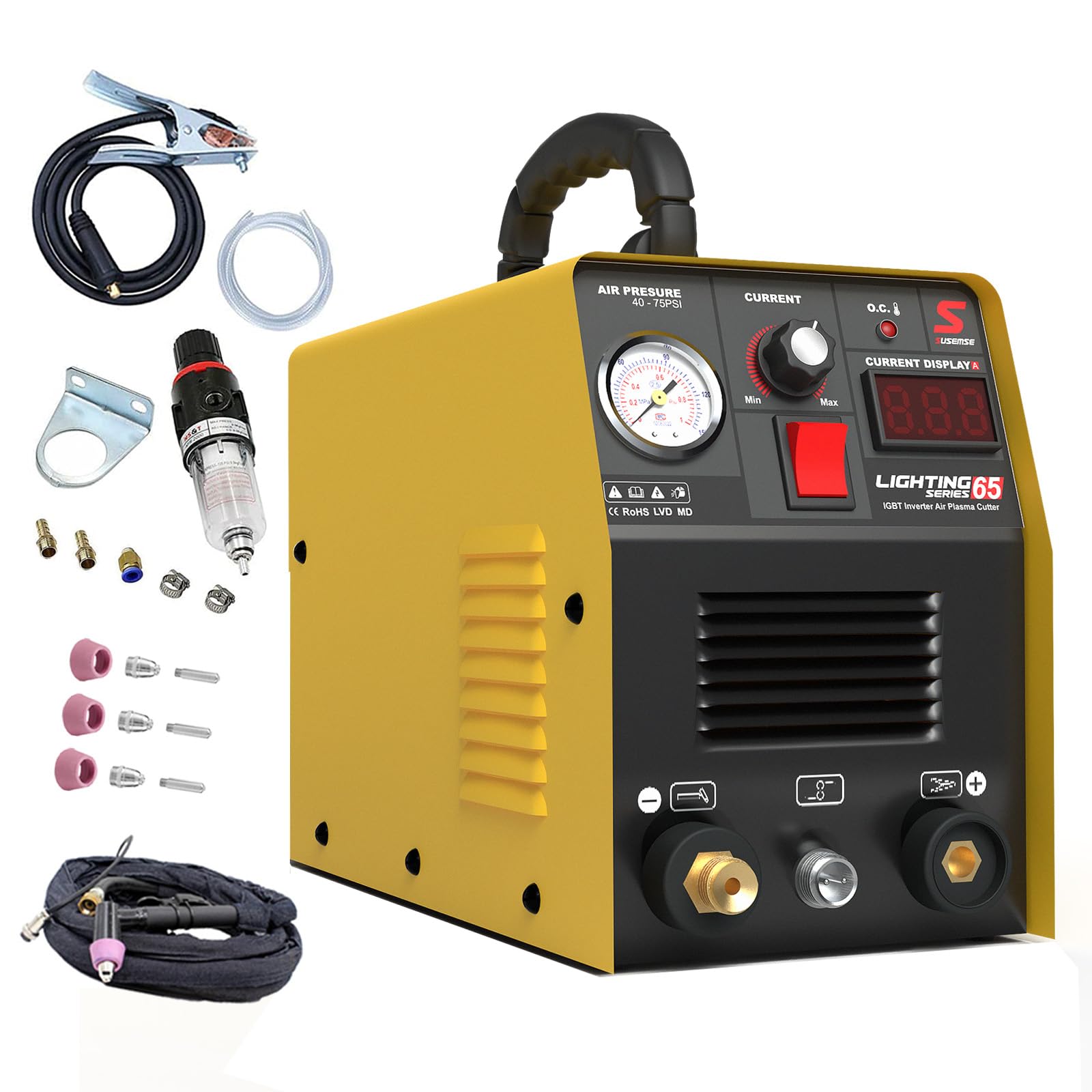 SUSEMSE Taglierina al plasma 65 Ampere, IGBT Inverter al plasma LT65 (DC, 230 V, corrente di taglio 20 – 65 A, potenza massima di taglio fino a 16 mm) – con taglierina al plasma e set di ugelli al
