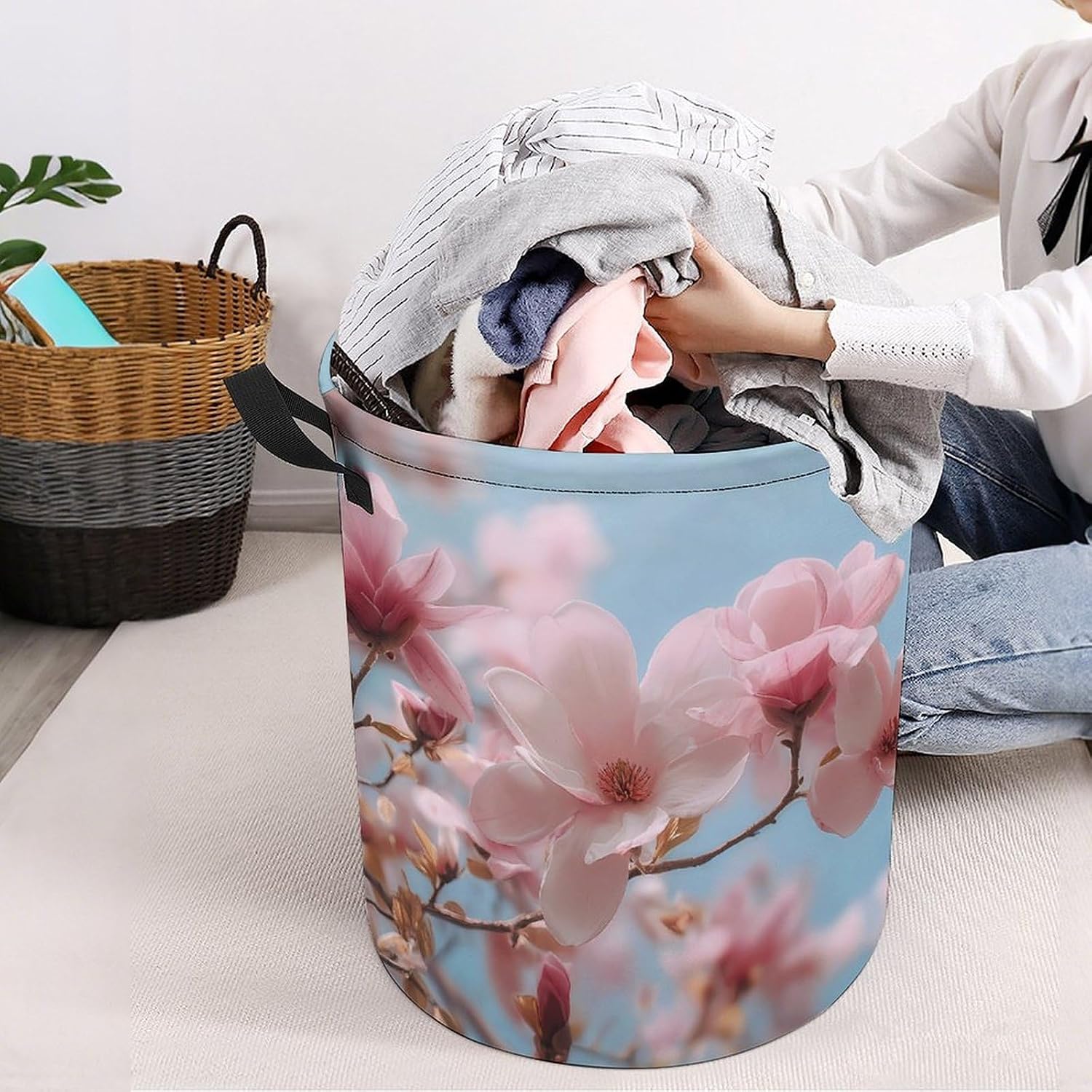 Magnolia Blossoms Flowers Laundry Hamper Basket for Home Bathroom | clothes storage,handle,large capacity,oxford