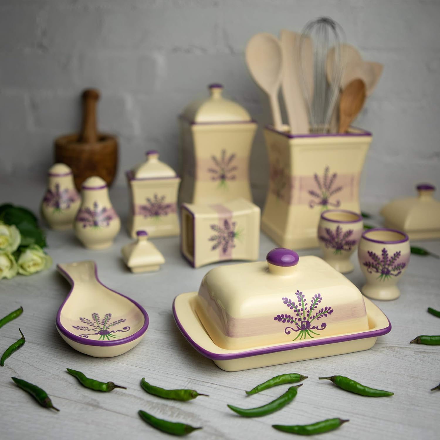City to Cottage Handmade Lavender Floral Purple and Cream Ceramic Kitchen Serving, Storage Set of 10 | Large & Small Canisters, Butter Dish, Egg Cups, Salt & Pepper Shakers, Spoon Rest, Gift