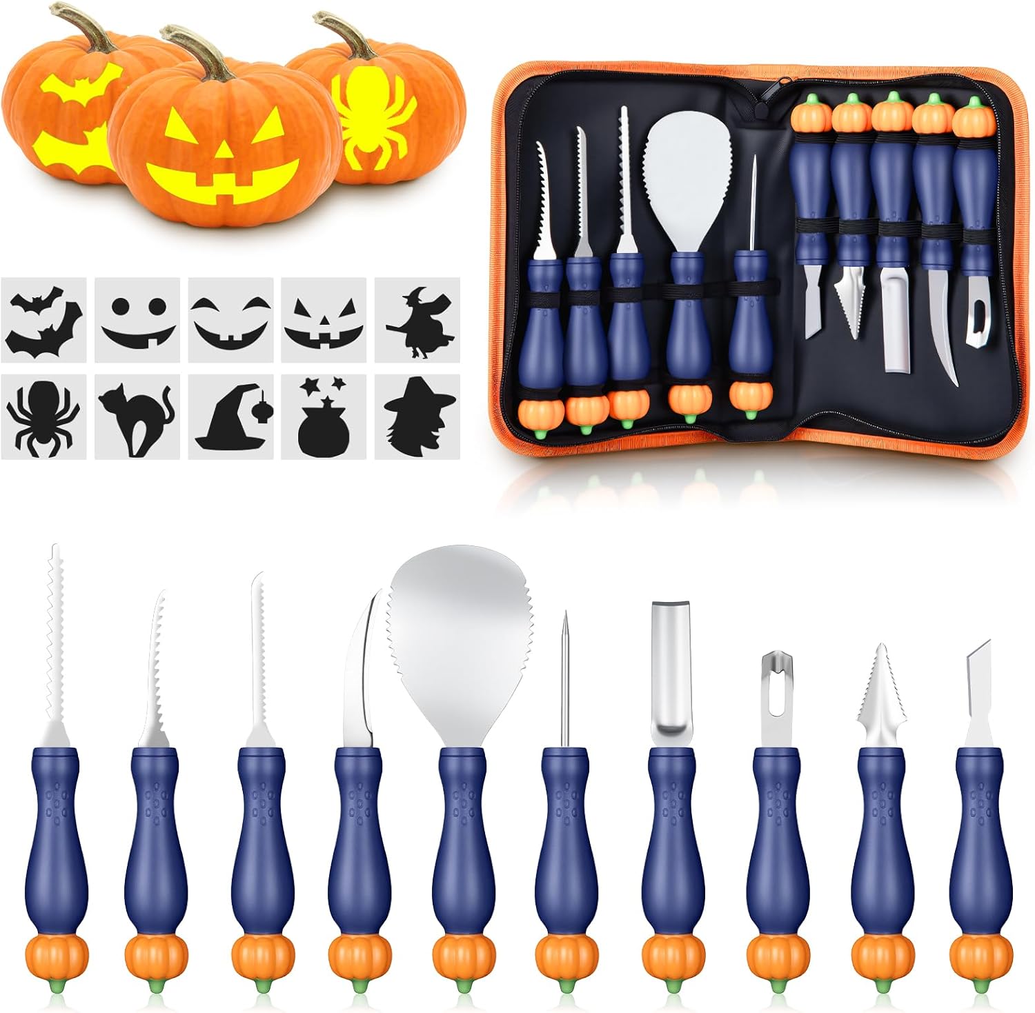 10 Piece Professional Halloween Pumpkin Carving Kit with Stencils, Heavy Duty Stainless Steel Pumpkin Carving Tools Knife Set for Halloween Decorations (Blue)
