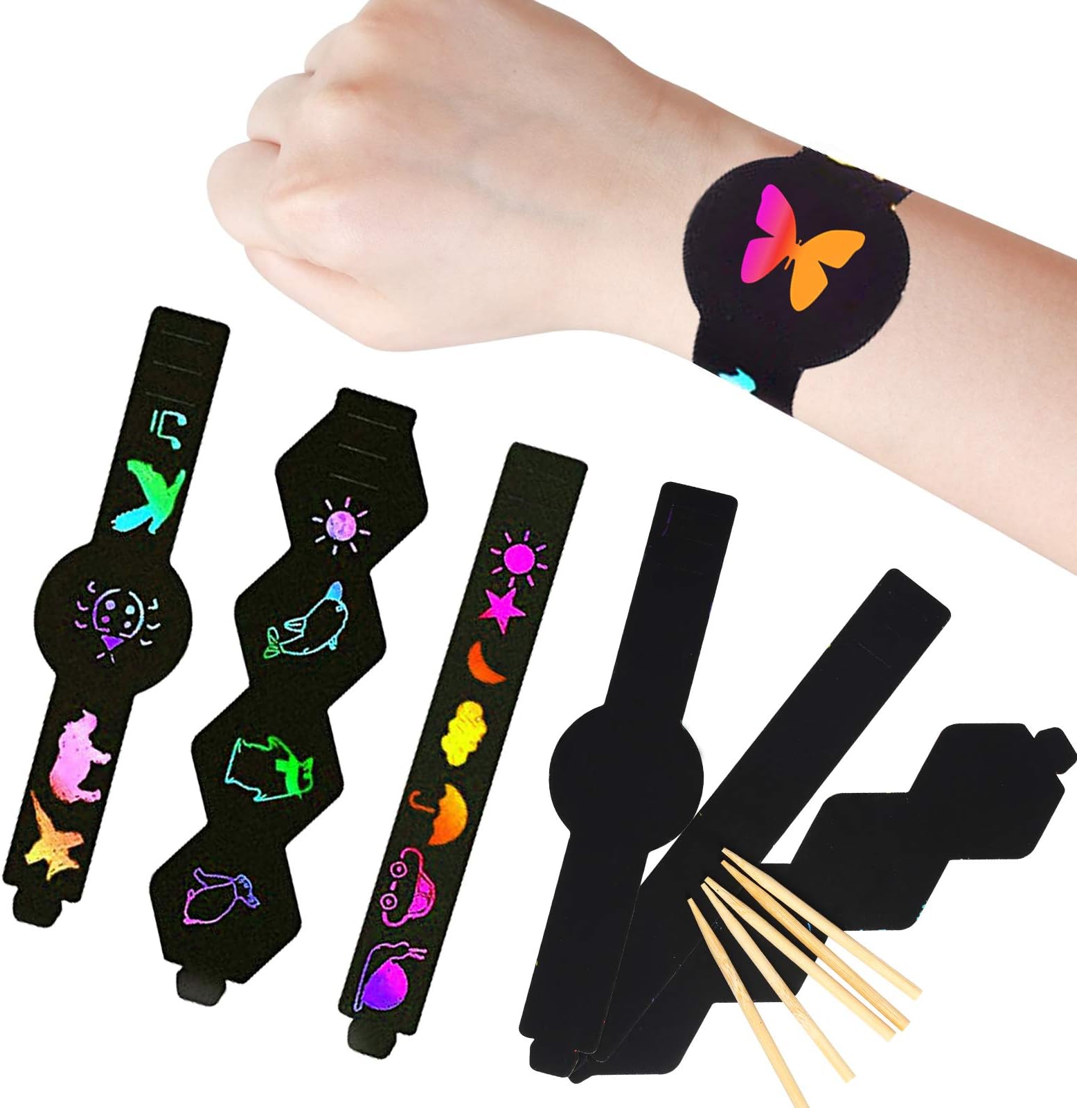 TAZEMAT 30 pcs Scratch Art Bracelet Black Colour Scratch Off Art Magic Rainbow Paper with Wooden Stylus Stick for DIY Handicraft Christmas Party Bag Filler Painting Favors