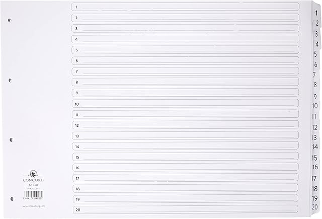 Concord Classic Index Mylar-reinforced Punched 4 Holes 1-20 A3 White Ref 04801/CS48