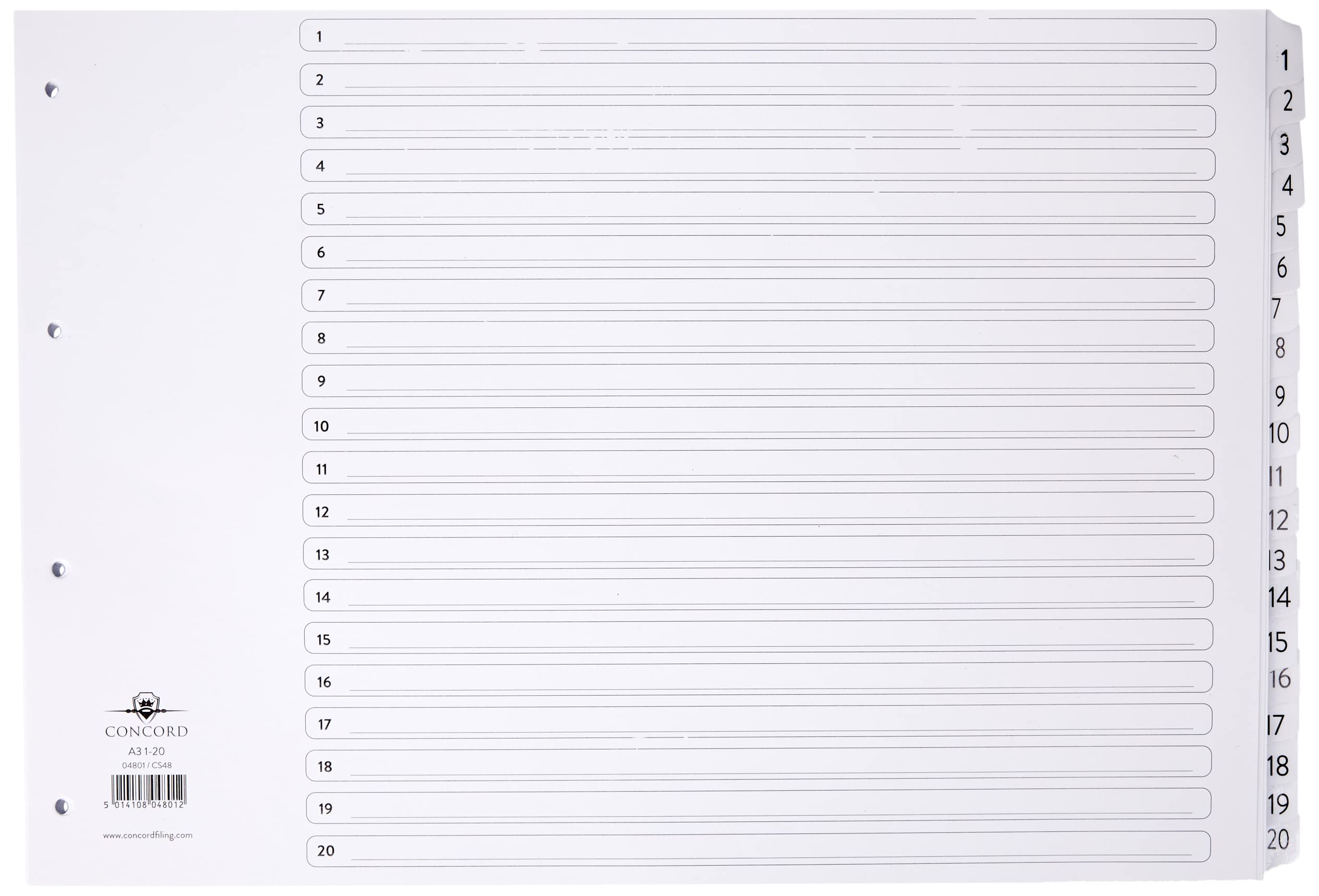 Concord Classic Index Mylar-reinforced Punched 4 Holes 1-20 A3 White Ref 04801/CS48