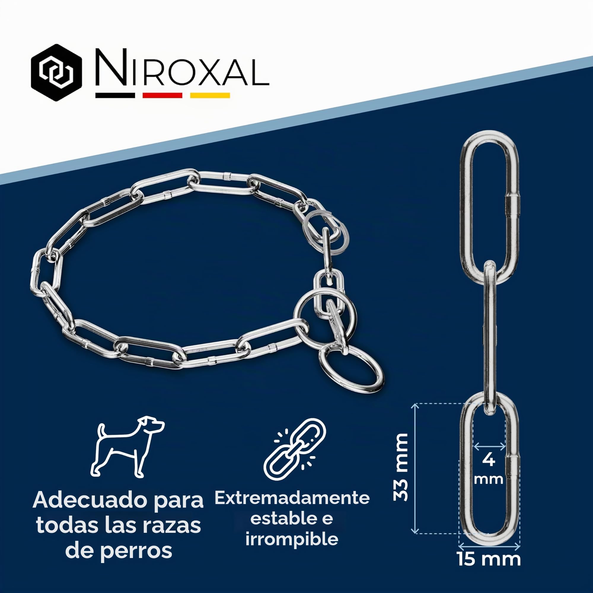 Cadena de Adiestramiento para Perros de Acero Inoxidable con Tope de Tracción, Eslabones Largos, 4 mm x 58 cm, Collar Resistente para Entrenamiento y Paseos Diarios