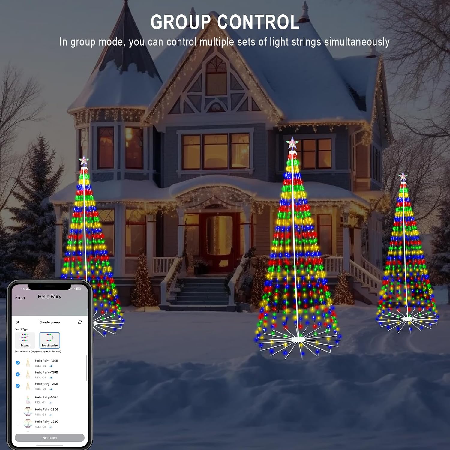 9FT 444LEDS Outdoor Christmas Tree Lights, Smart Cone Tall Pop Up with Star, Timer, Waterproof, APP & Remote, Music Sync, Multicolor/WarmWhite, Outside Xmas Yard Porch Decor