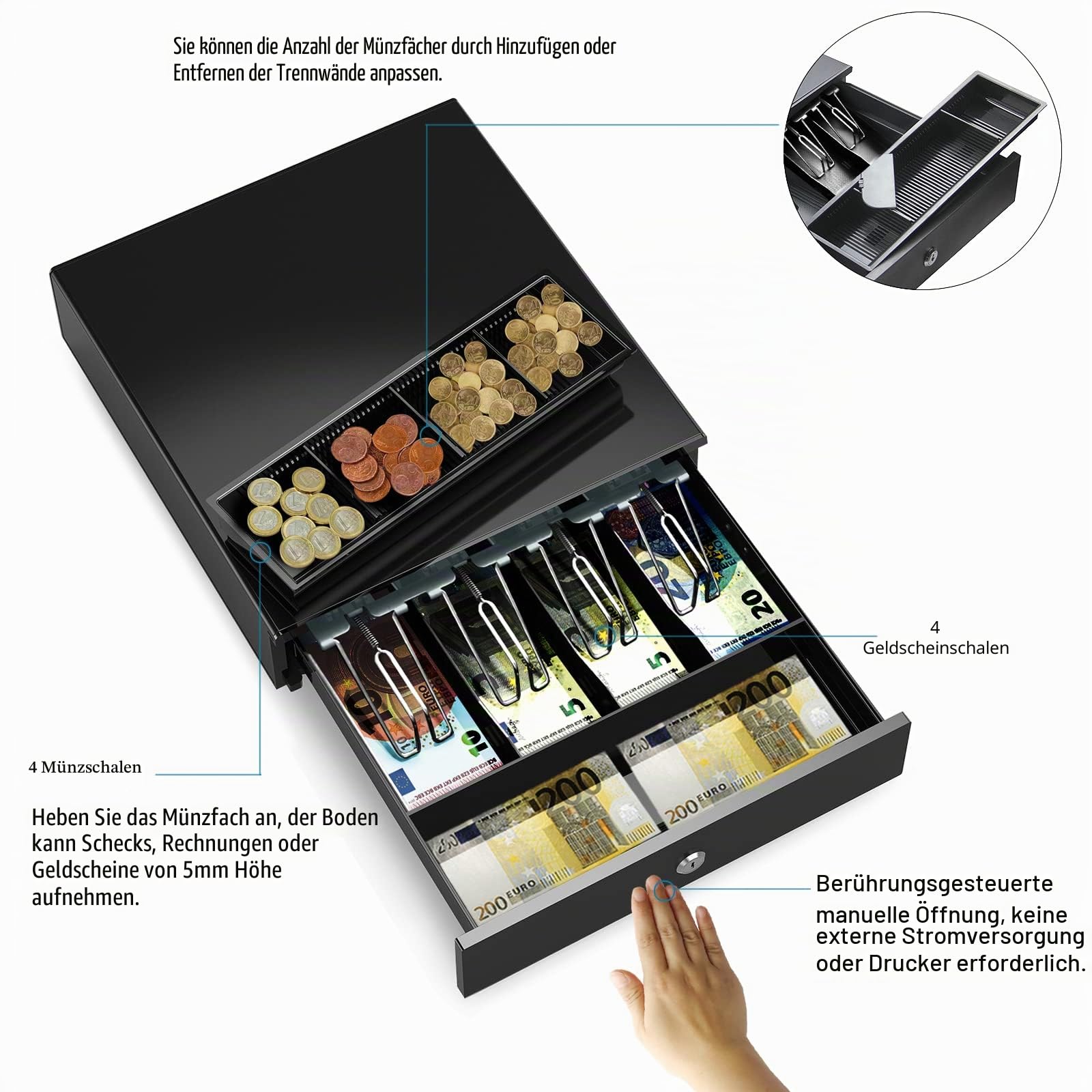 HONEY BEAR 350T 14inch Registrierkasse Schublade Kassenschublade Kasse Kassenlade Geldlade Geldschublade Touch Push Open,4 Bills & 4 Münzen Tray,MEHRWEG