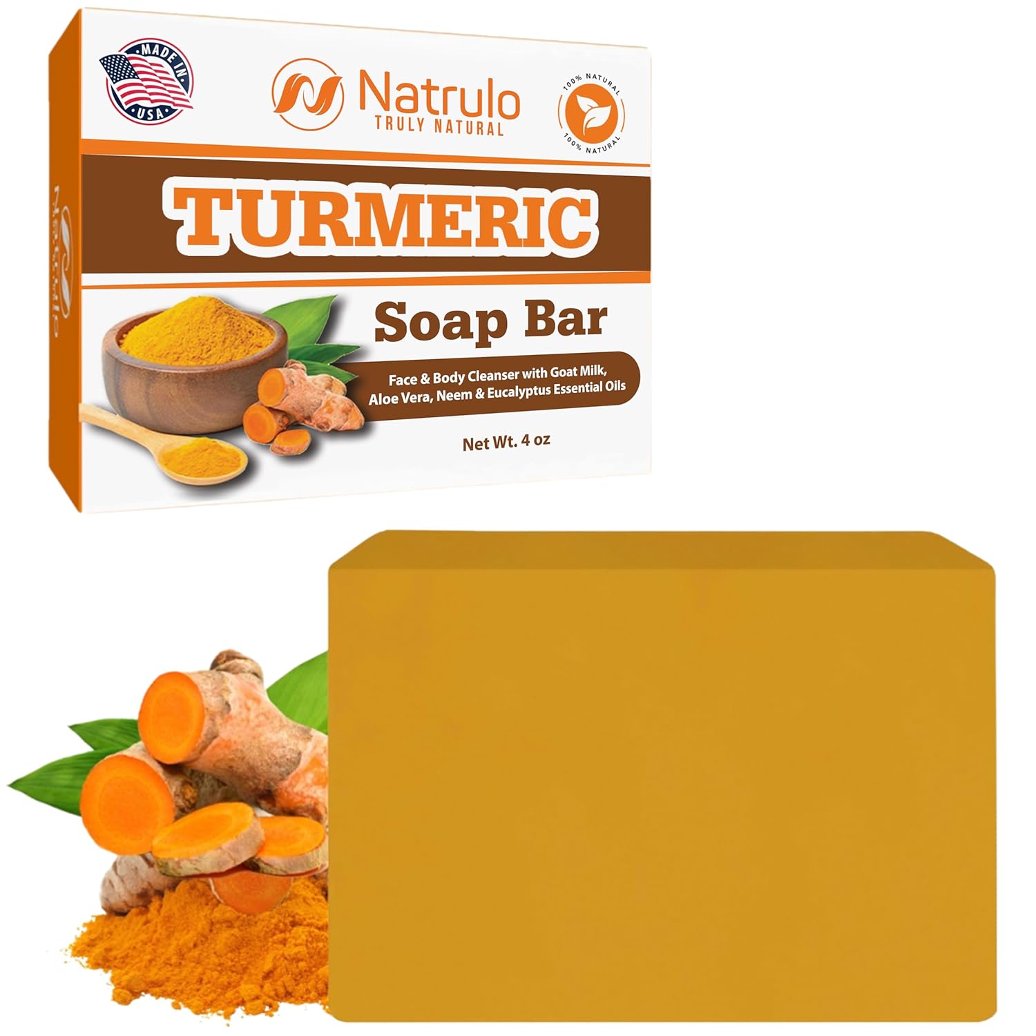 Natrulo Turmeric Soap Bar for Face & Body – Natural Turmeric Skin Brightening Soap for Dark Spots, Intimate Areas, Underarms – Turmeric Face Wash Reduces Acne, Scars & Cleanses Skin – Made in USA